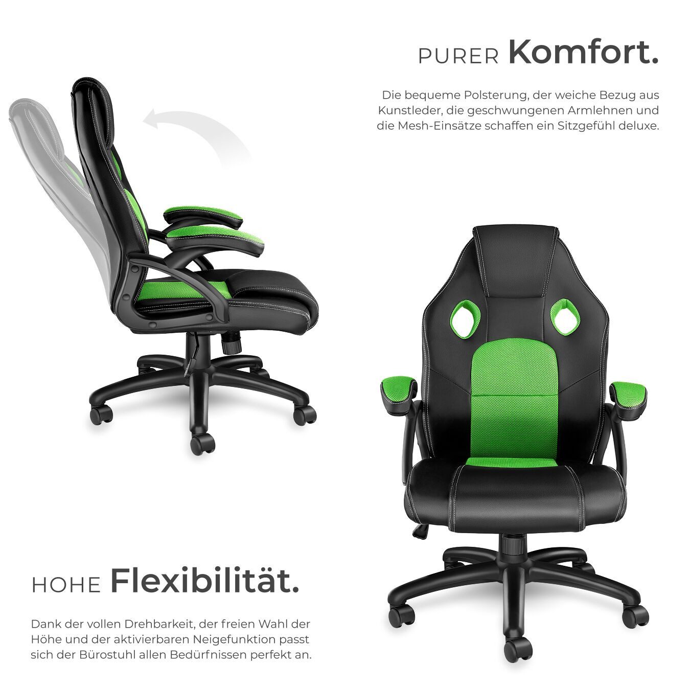 tectake Gaming-Stuhl Bürostuhl (Set, 1 St), Textileinlagen gegen Schwitzen