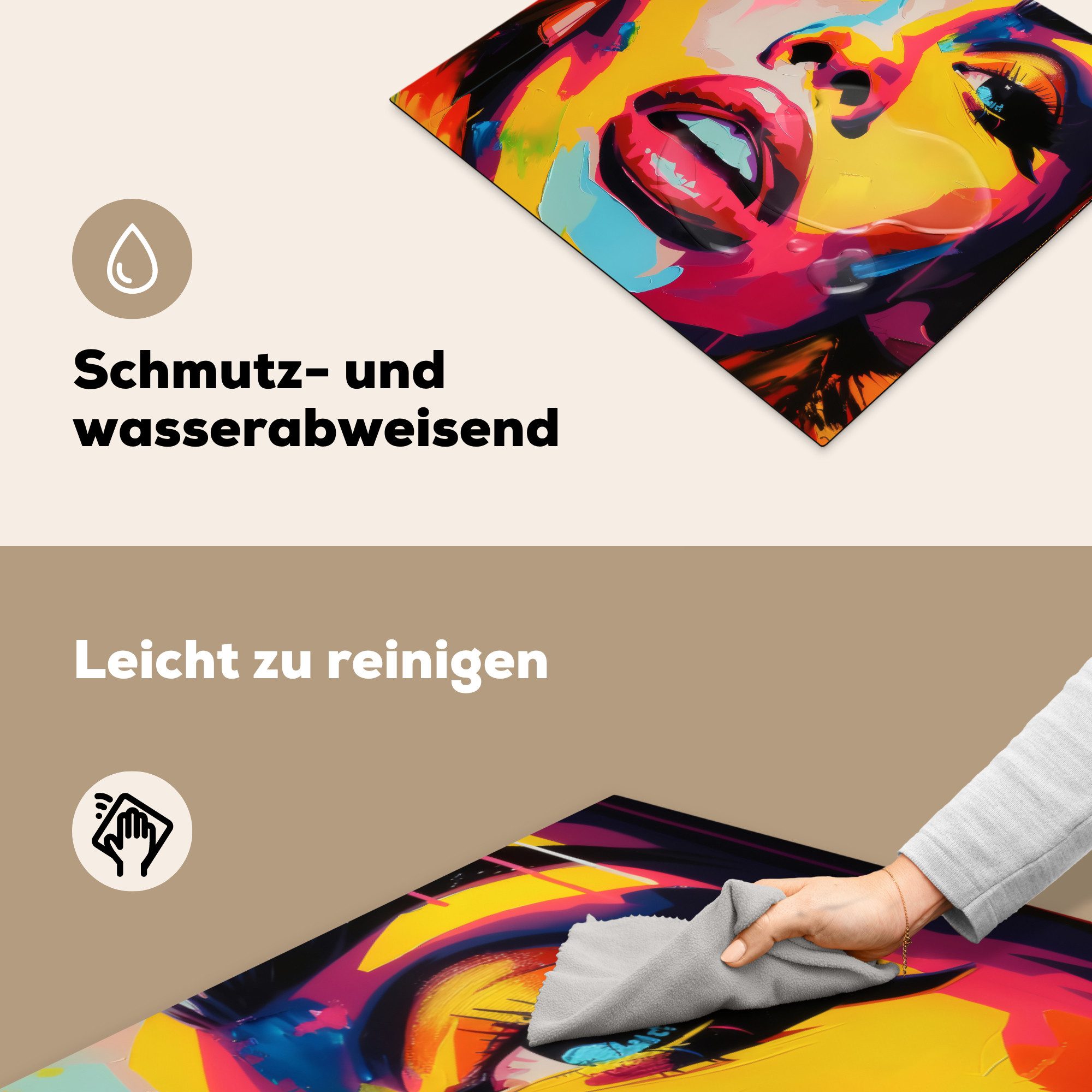 MuchoWow Herd-Abdeckplatte Frau - Gesicht - Bunt, Vinyl, (1 tlg), Ceranfeldabdeckung Küche, Herdabdeckplatte Einteilig, 59x51 cm