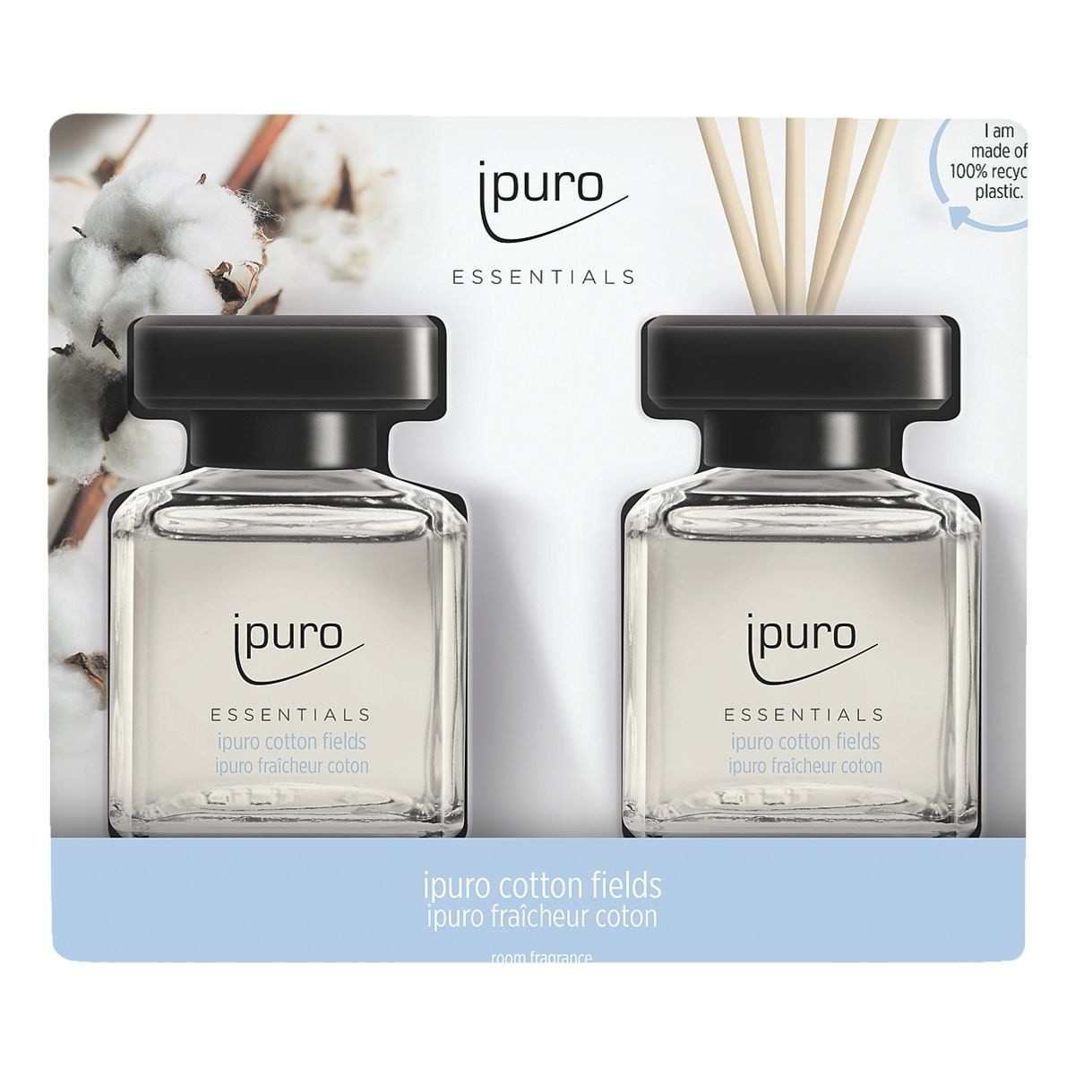 IPURO Raumduft Cotton Fields, 2x 50 ml, Glasflakon mit Rattan-Holzstäbchen