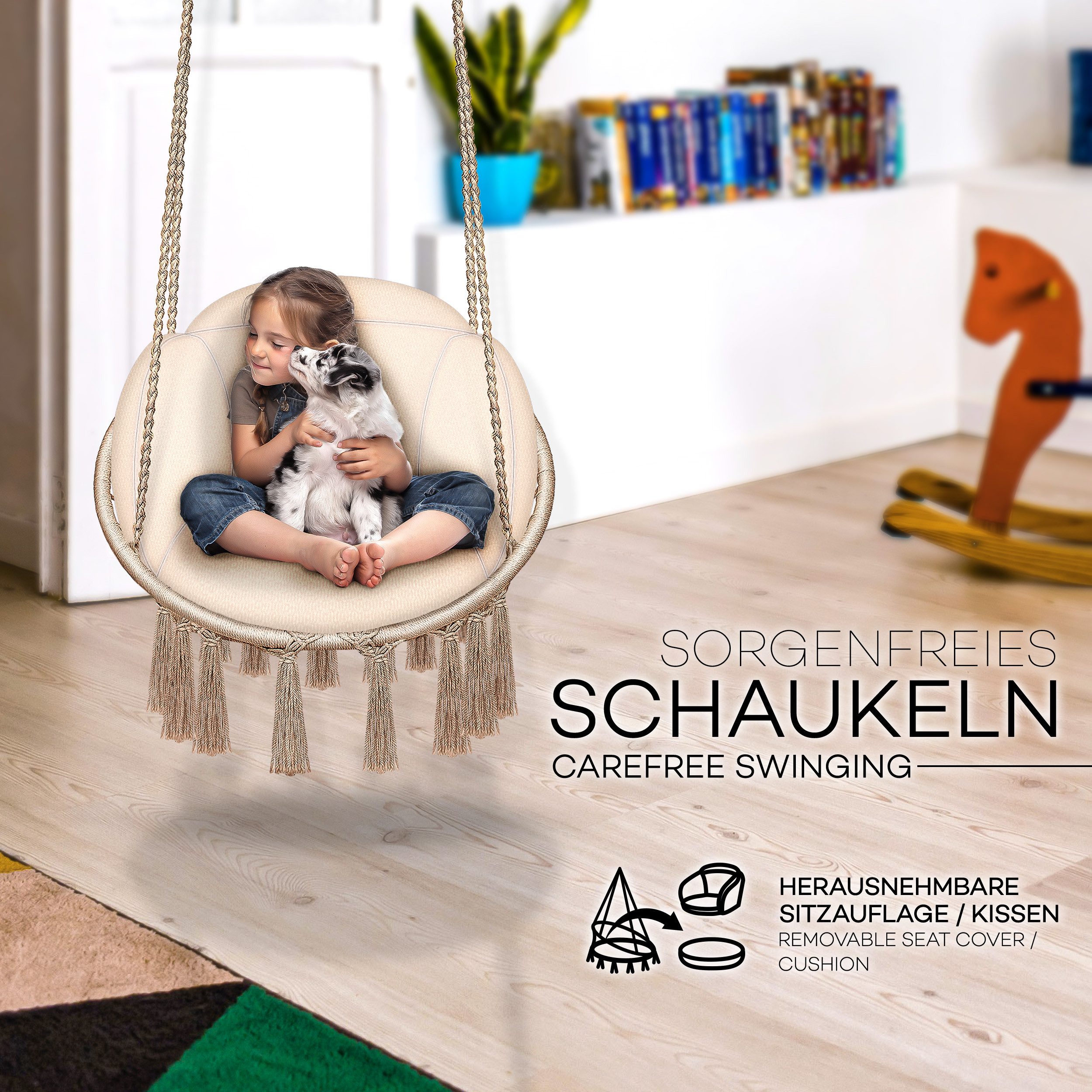 tillvex Hängesessel tillvex® Hängesessel Hängestuhl Hängeschaukel Hängekorb Hängesitz (Set, Hängesessel, Kissen, 4 Seile mit 2 Stahlringen), Kissen – Bild 4 von 5