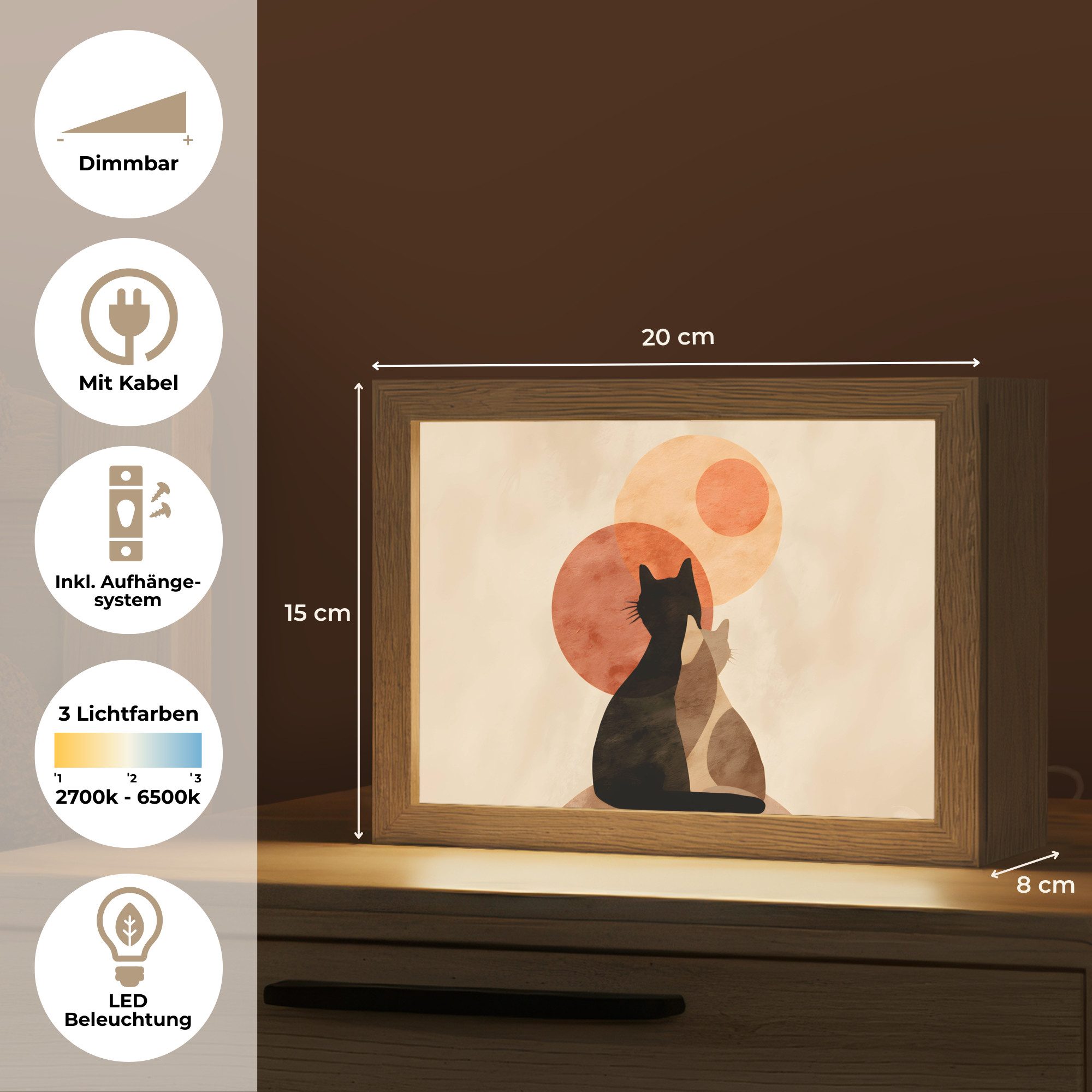OnlyWow Tischleuchte Lightbox Katzen - Schwarz - Abstrakt - Kreise, Dimmbar, Farbwechsel, LED, Warmweiß, Kaltweiß, Neutralweiß Einstellbar, Tischlampe, Schreibt – Bild 4 von 5