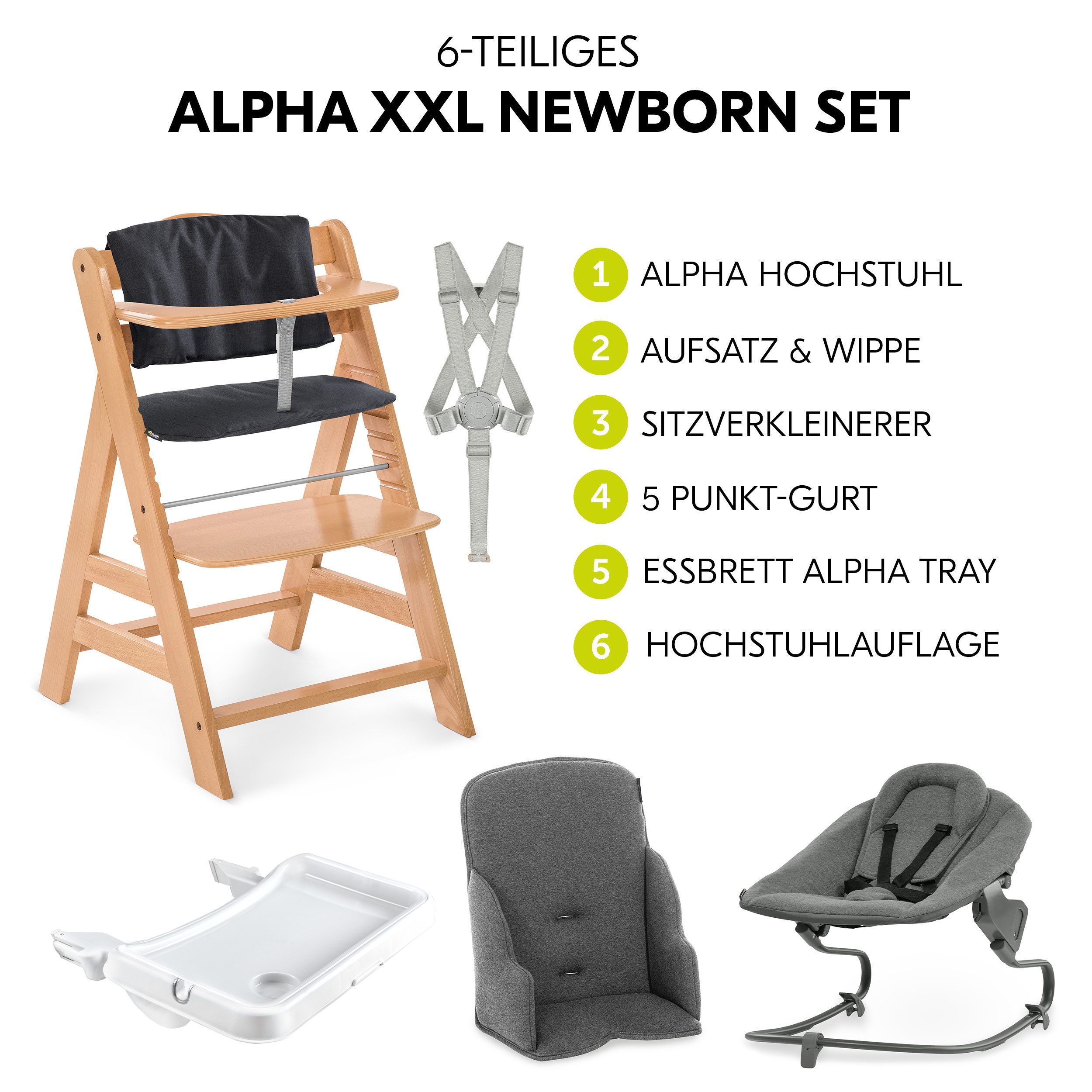 Hauck Hochstuhl Alpha Plus Natur Newborn Set Premium Dark Grey, Babystuhl ab Geburt, Aufsatz für Neugeborene, Essbrett, Sitzauflage