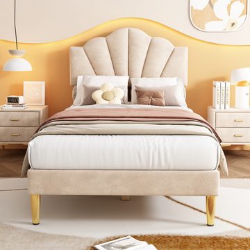 Dedom Bett Samt Polsterbett,Holzlattenrost,höhenverstellbares Kopfteil,90*200 cm, muschelartiges Bett mit goldenen Eisenbeinen