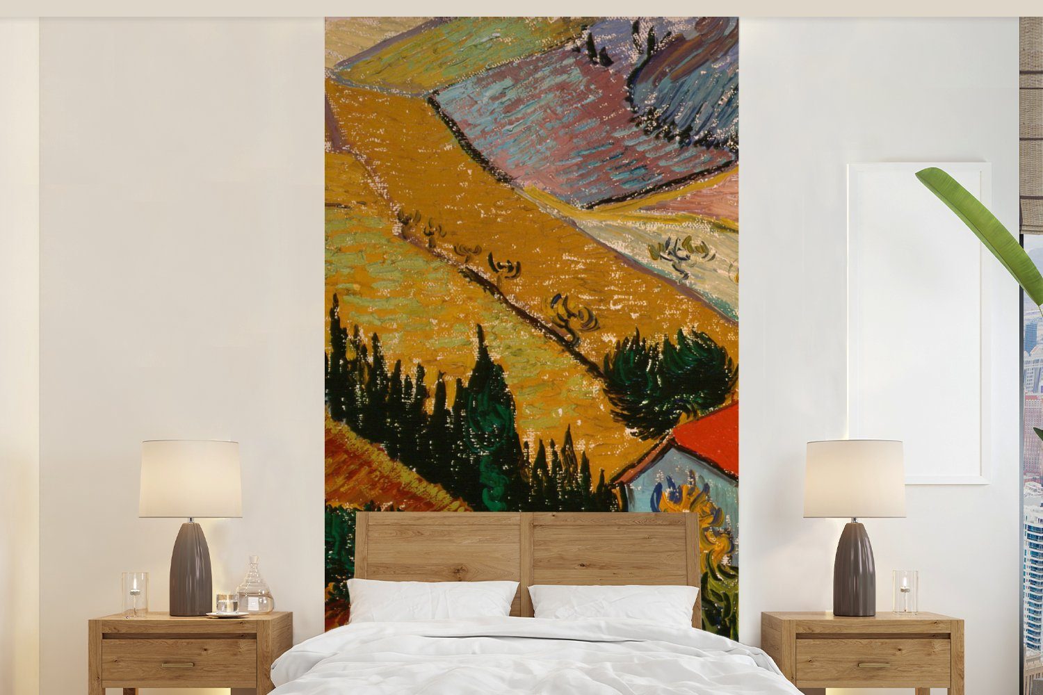MuchoWow Fototapete Landschaft mit einem Haus und einem Ackerbauern - Vincent van Gogh, Matt, bedruckt, (2 St), Vliestapete für Wohnzimmer Schlafzimmer Küche, Fototapete