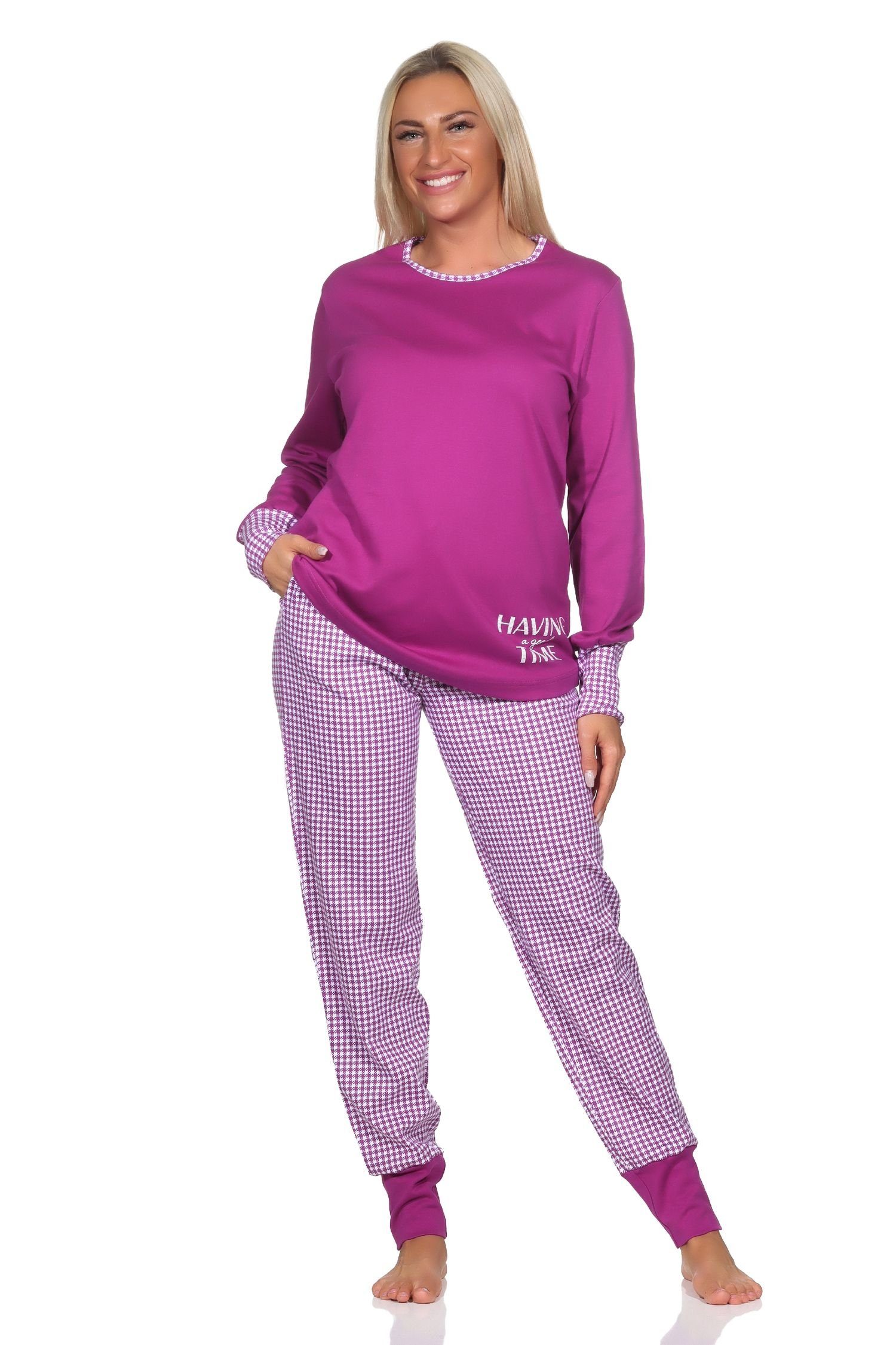 in Qualität Bündchen mit Interlock Normann Kuschel Schlafanzug lila Normann Damen Pyjama