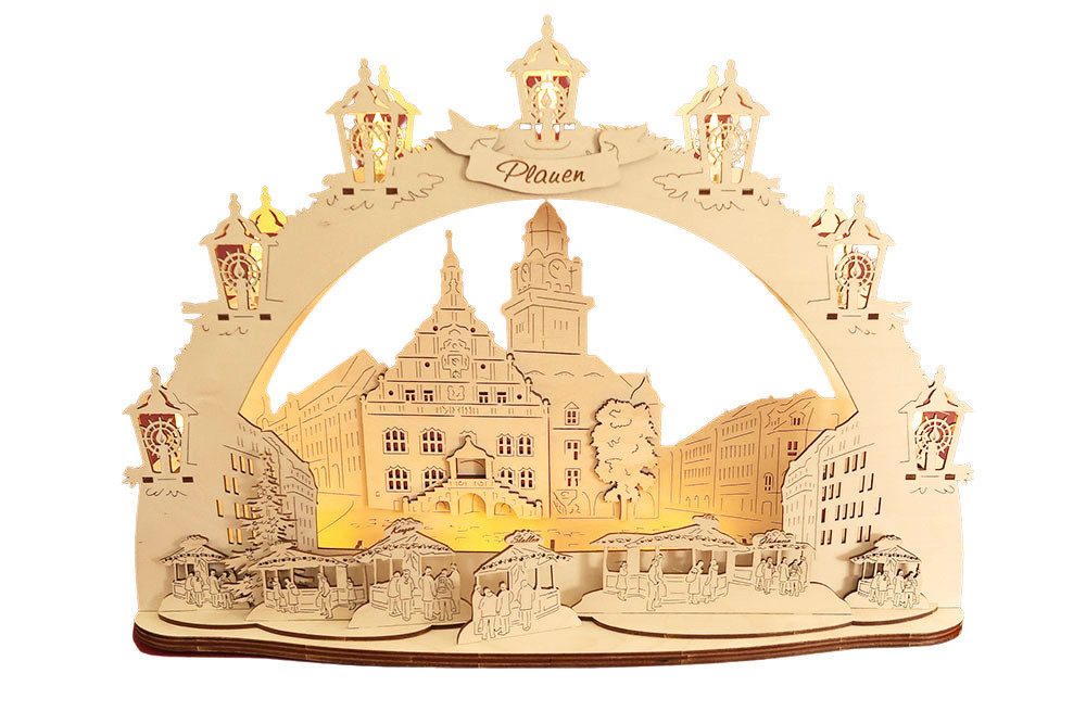 DeColibri LED Schwibbogen 3D LED Schwibbogen Plauen Vogtland Rathaus - Holzkunst - mit Netzkabel, Holzkunst aus Sachsen, beleuchtet
