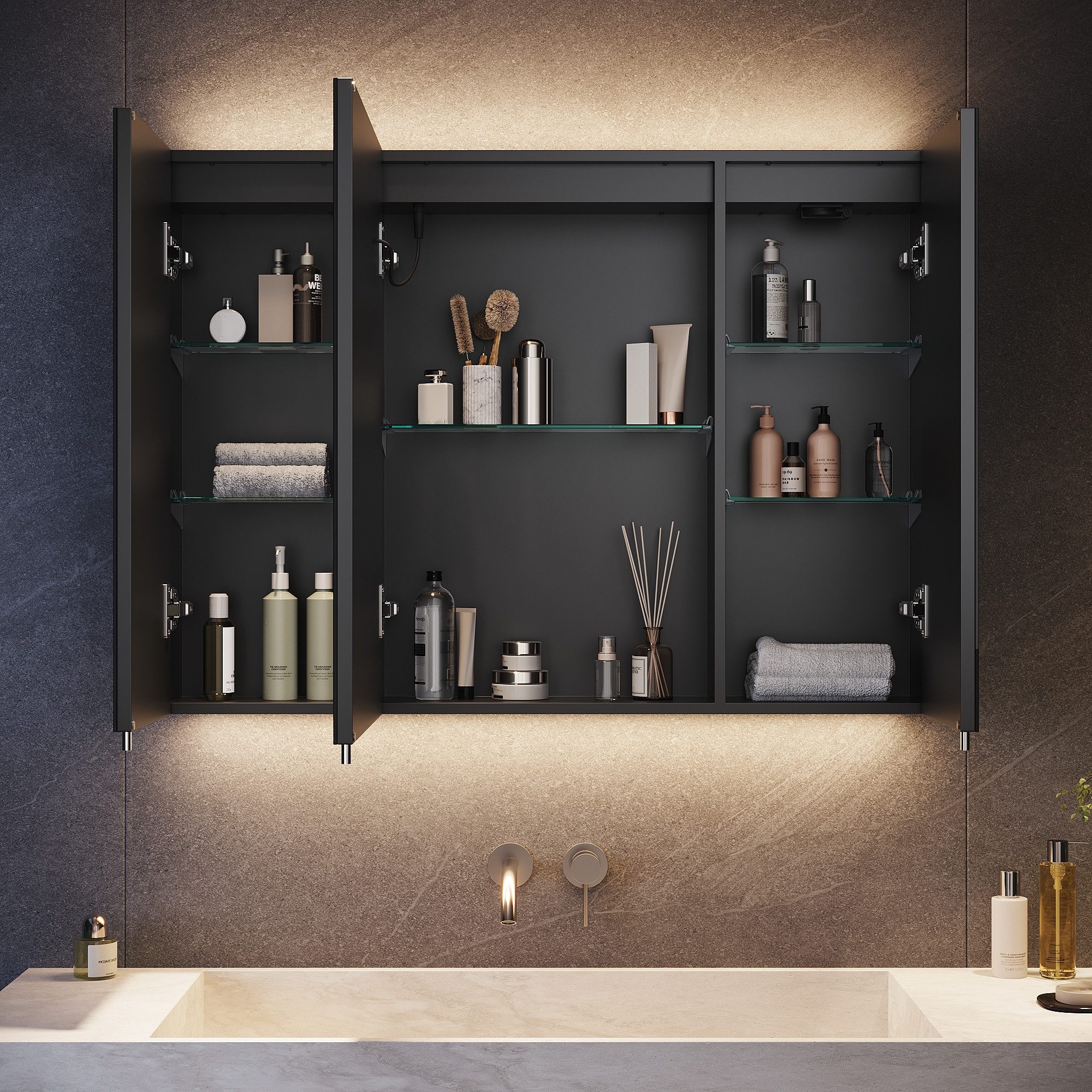 SONNI Badezimmerspiegelschrank Badezimmerspiegelschrank mit Beleuchtung und Lagerung, Spiegelschrank mit 3 Lichtfarben, Anti-Beschlag-Funktion,flexible Fächer,  – Bild 3 von 5