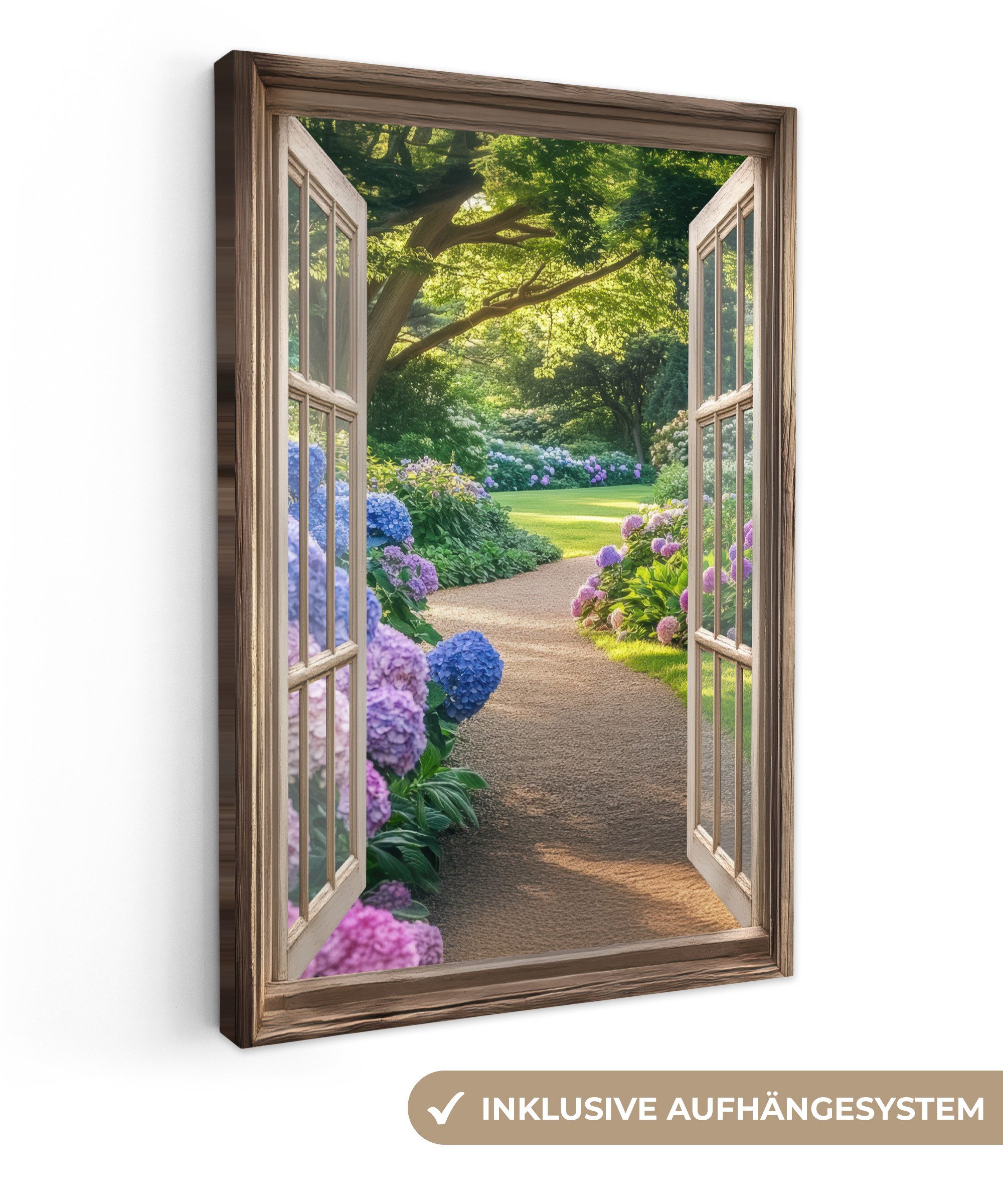 OneMillionCanvasses® Leinwandbild Aussicht - Garten - Fenster - Hortensie - günstig online kaufen