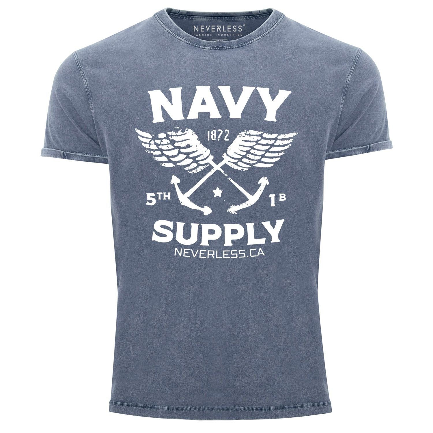 Neverless Print Shirt Fit blau Supply mit Vintage Used Printshirt T-Shirt Look Navy Print-Shirt Herren Neverless® Anker Slim
