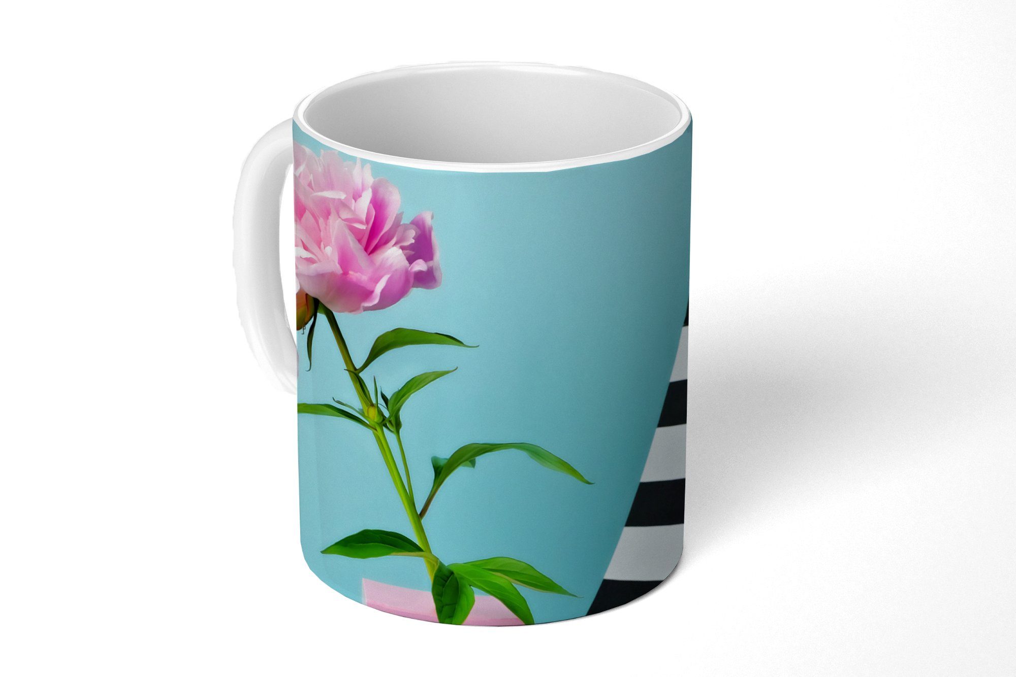 MuchoWow Tasse Rosa Pfingstrose mit blauem Hintergrund, Keramik, Kaffeetassen, Teetasse, Becher, Teetasse, Geschenk