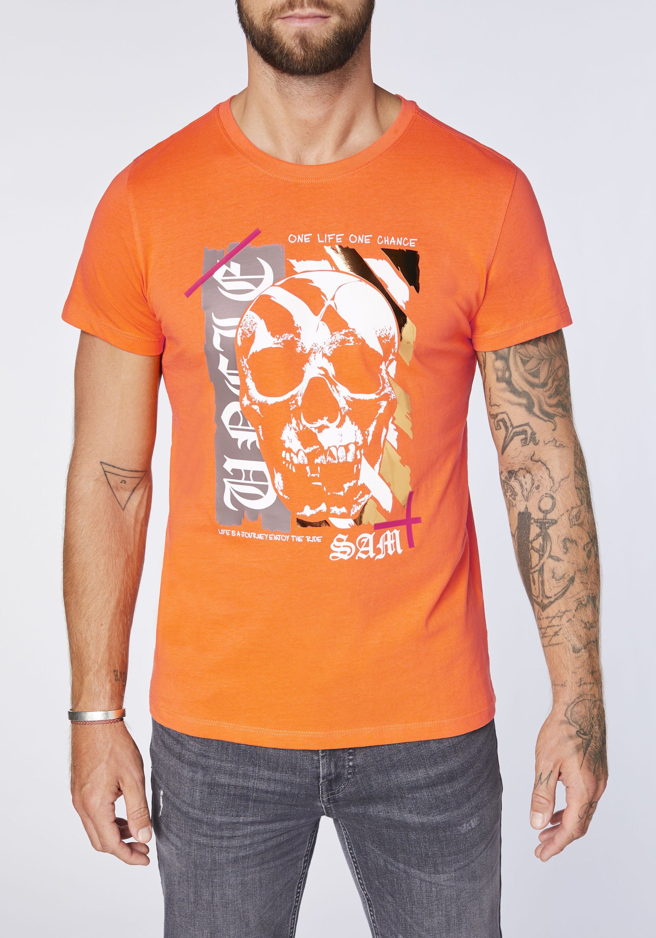 Uncle Sam Print Orange Vermillon Totenkopf Print-Shirt mit 16-1362