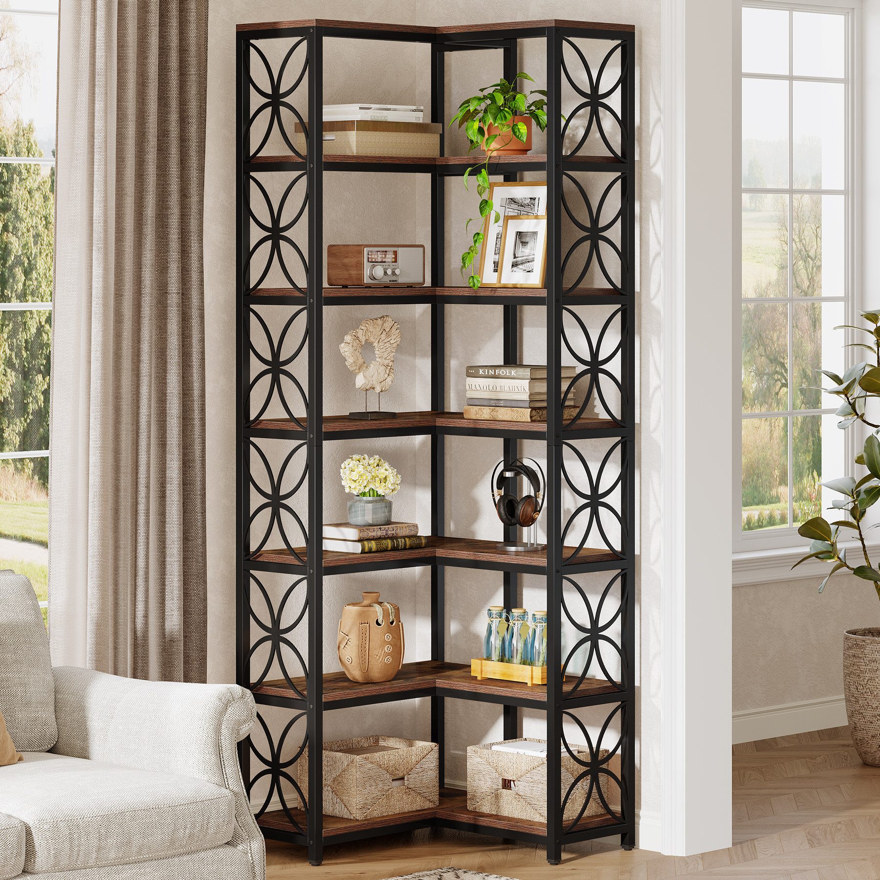 Tribesigns Bücherregal 200 cm Hoch Eckregal, 7-stöckiges L-förmiges Eckregal aus Holz