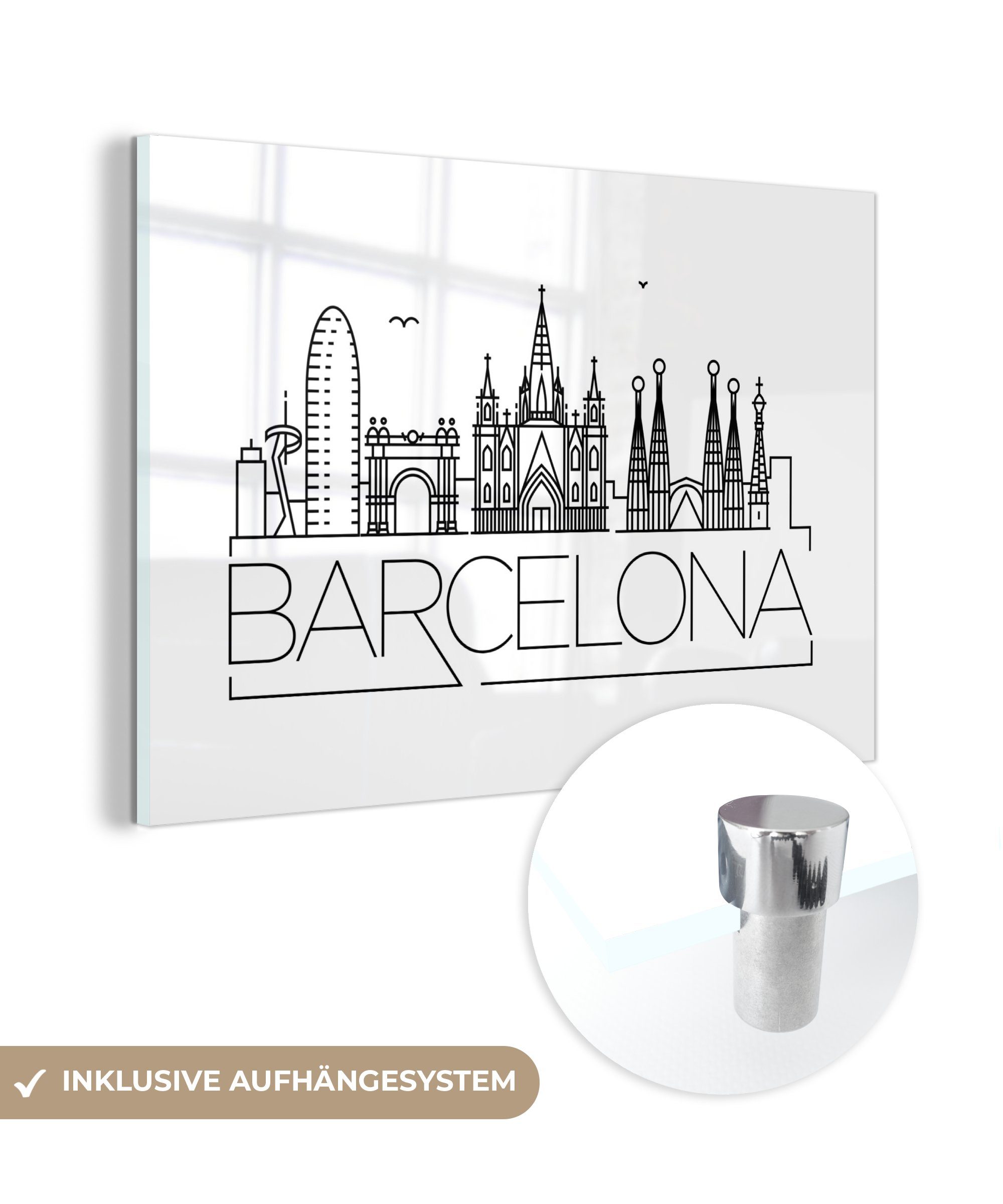 MuchoWow Acrylglasbild Skyline "Barcelona" schwarz auf weiß, (1 St), Acrylglasbilder Wohnzimmer & Schlafzimmer