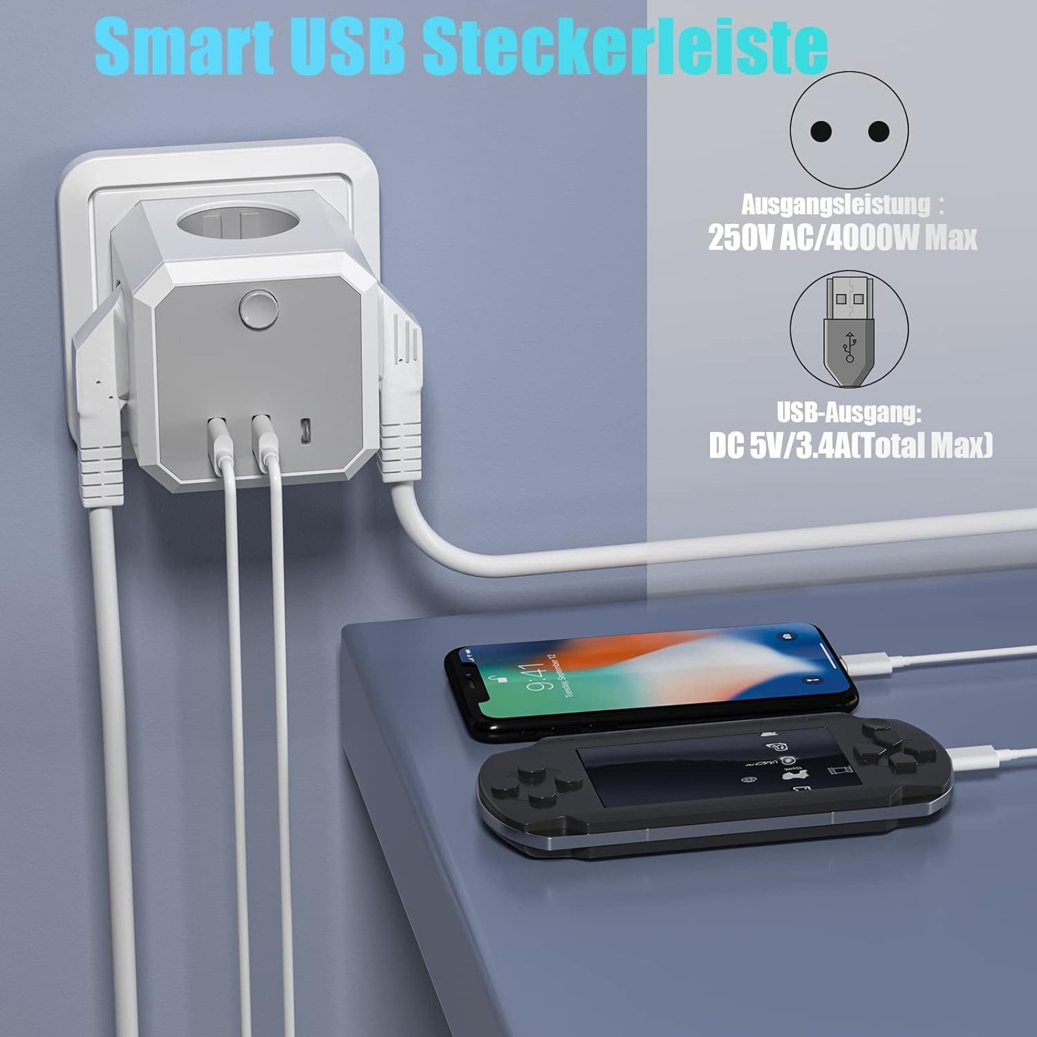 Niclous Steckdosenwürfel 7in1 4-fach mit 2 USB USB-C Schalter 3680W Grau Mehrfachsteckdose 7-fach (2 USB-A-Anschlüsse, Ein-/Ausschalter, 1 USB-C-Anschluss, 4 Schuko-Steckdosen, Kindersicherung, Kurzschlussschutz, Überlastschutz, Kindersicherung, Überspannungsschutz, Kabellänge 0 m), 7-in-1, USB-A, USB-C, Schalter, Kindersicherung