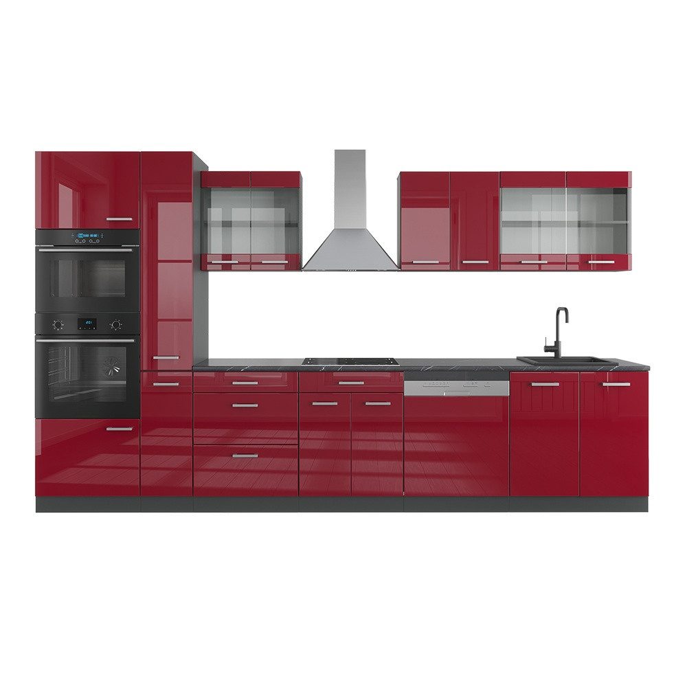 Vicco Küchenzeile R-Line, Rot Hochglanz/Anthrazit/Anthrazit, 350 cm mit Hochschrank, ...
