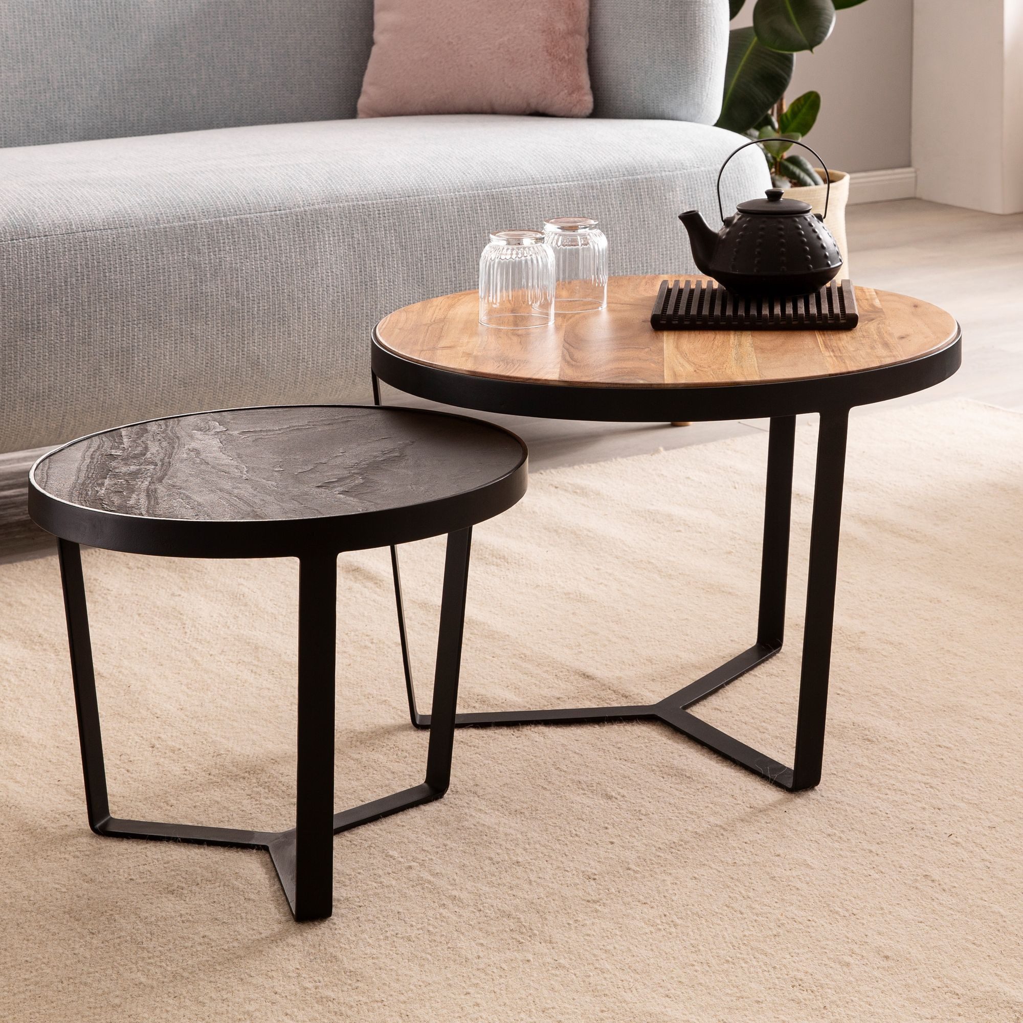 FINEBUY Satztisch FB55603 Couchtisch Wohnzimmertisch 2er Set Rund Holz / Steinoptik (Couchtisch 2er Set Akazie Massivholz / Steinoptik), Wohnzimmertisch Modern, Sofatisch 2-teilig