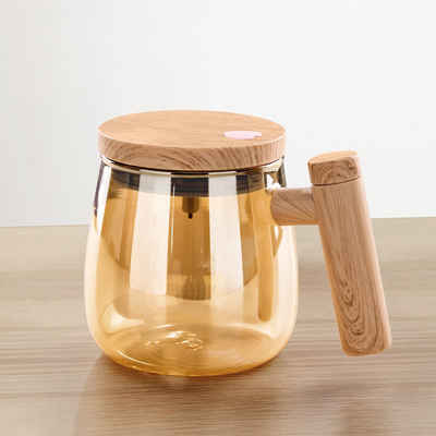BlingBin Tasse Selbstrührender Becher elektrischer Rührbecher Kaffeebecher, Holzimitat und Borosilikatglas, hoher Borosilikatglas, rotierender Kaffeebecher