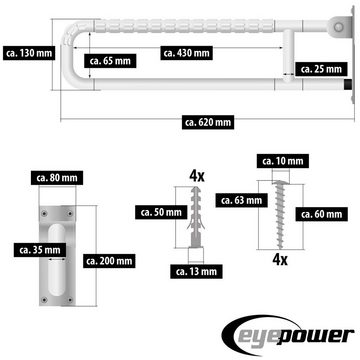 eyepower Haltegriff Klappbarer WC Haltegriff für Senioren 60x20cm, belastbar bis 100 kg, Bad Stützgriff Weiß