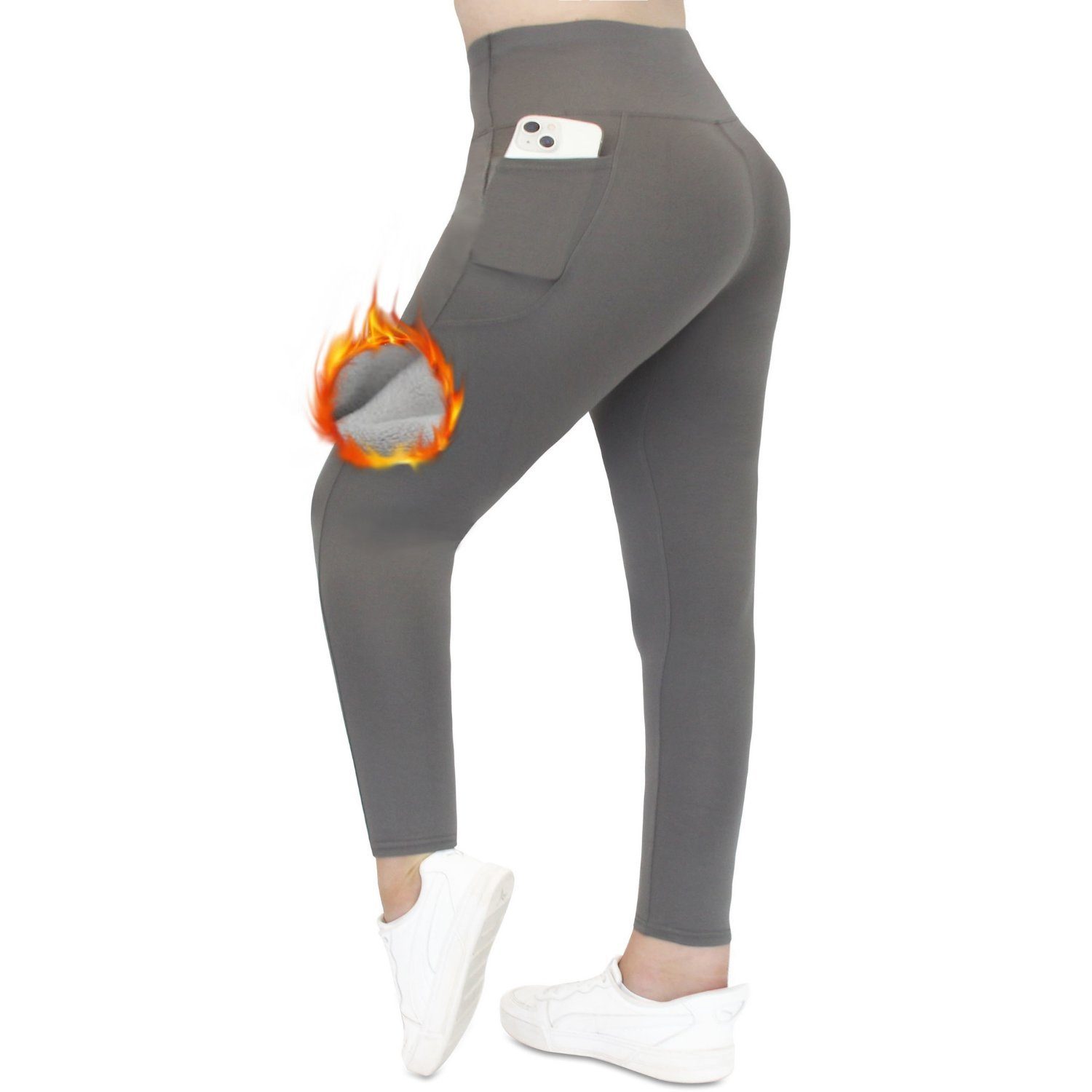 Frentree Thermoleggings Übergößen Damen mit Fleece Gefütterte Thermo Leggins Plus Size für Winter High Waist Strumpfhose Kuschelig Warm Elastisch Sport Grau mit Taschen