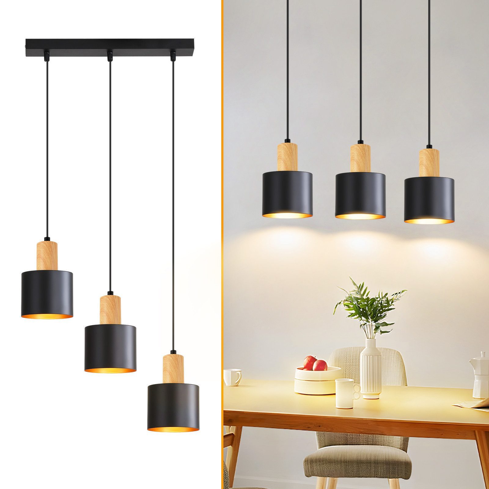 Nettlife Hängeleuchte Schwarz Vintage 1/2/3 Flammig Esstisch E27 Pendelleuchte, Höhenverstellbar, LED wechselbar, Metall Pendelleuchte Essbereich Hängelampe