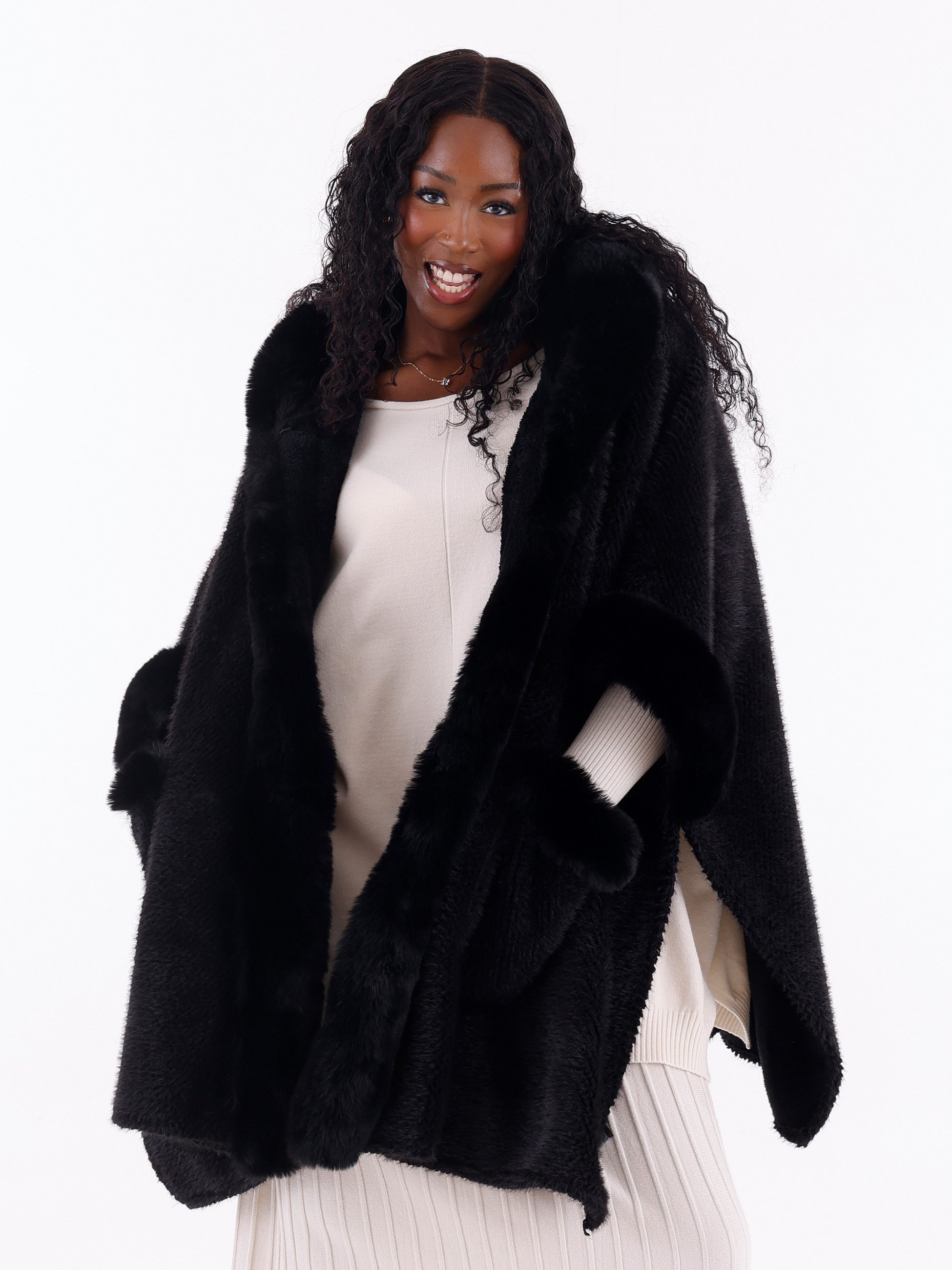 YC Fashion & Style Cape Capemantel mit Kunstfell-Besatz in Unifarbe günstig online kaufen