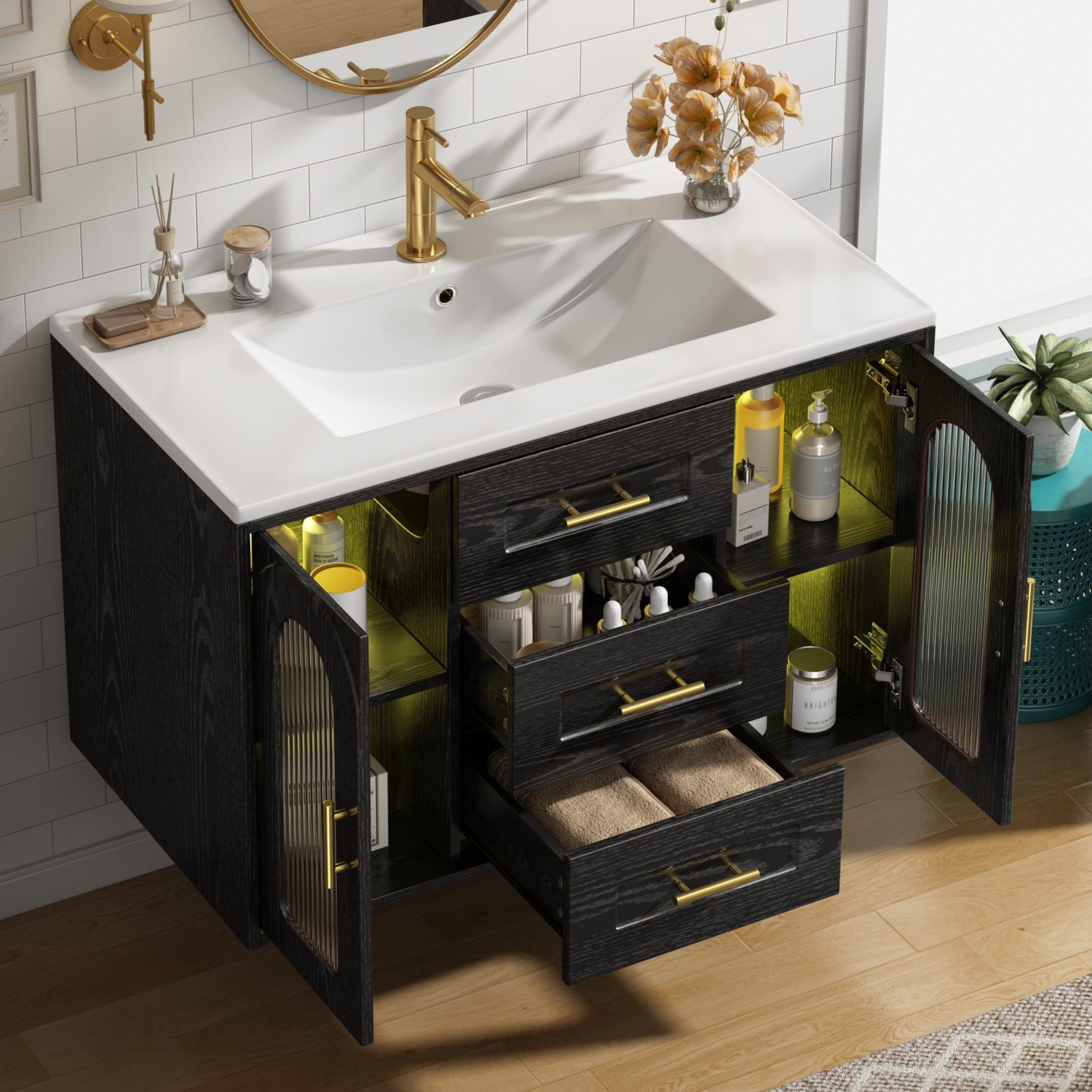 Flieks Waschtisch mit Led-Beleuchtung Waschbeckenunterschrank inkl. Waschbecken (B76/T46/H55 cm, 1-St., wandhängender Badschrank mit verstellbarer Einlegeböden), Badmöbel-Set mit 2 Schubladen und Glastüren Badezimmerschrank Schwarz