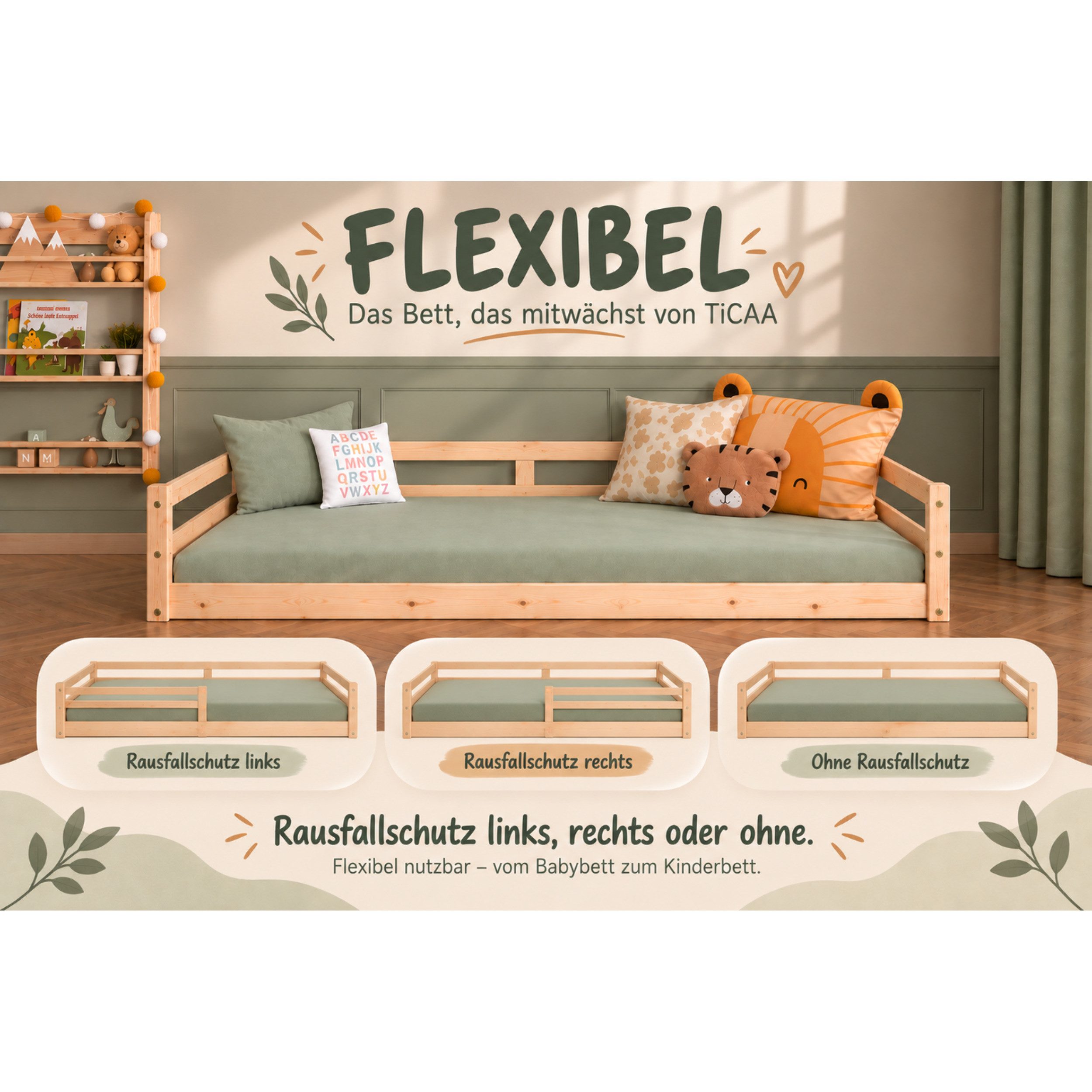 Ticaa Kinderbett Neo Hausbett Bodenbett mit Rausfallschutz 150kg (140x200 aus Kiefer Massivholz), inkl. stabilem Roll-Lattenrost, Natur – Bild 4 von 5