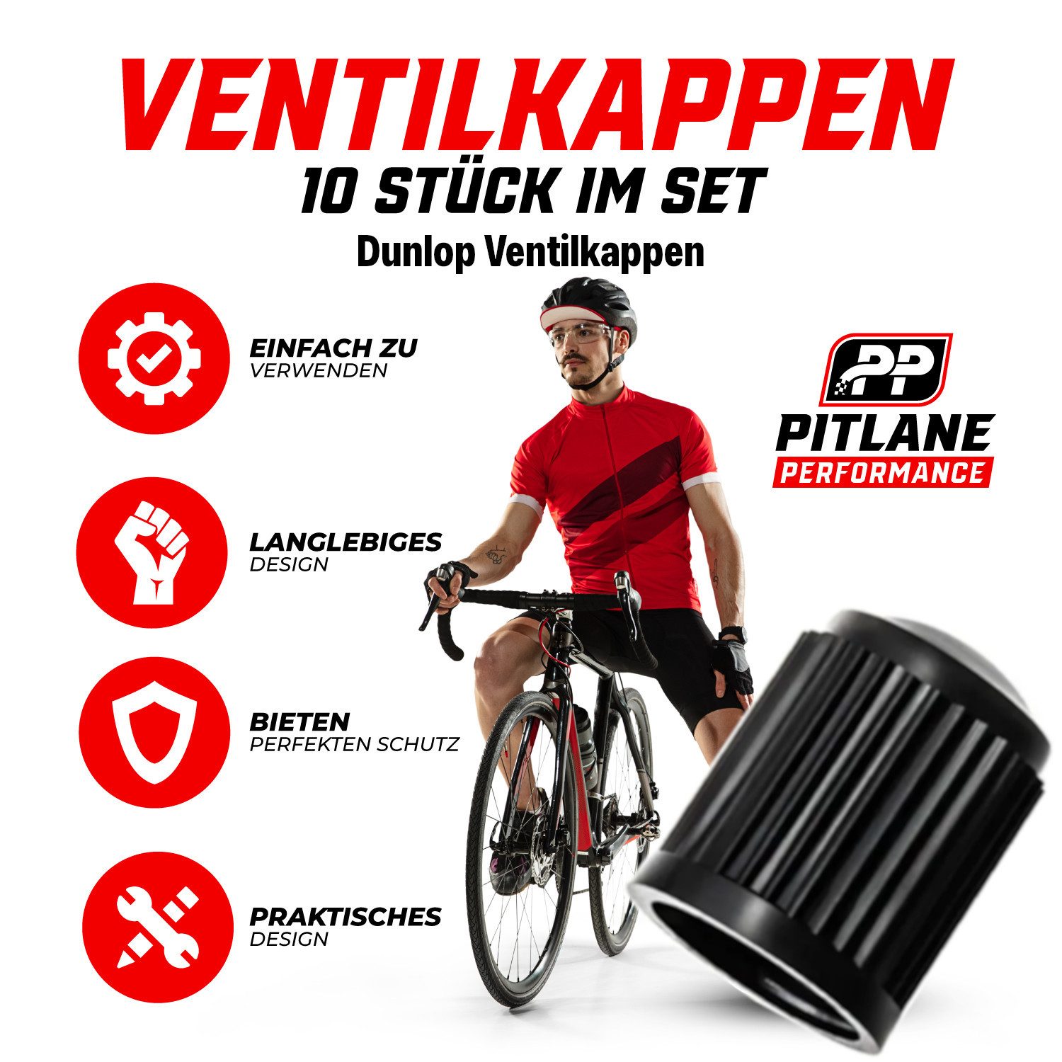 Pitlane Performance Ventilkappe Fahrrad Ventilkappen 10er-Set Robuste Ventil Kappen, (10-St., für Rennrad, E-Bike, City- & Trekkingrad), Dunlop- & Presta-Ventil – Bild 2 von 5
