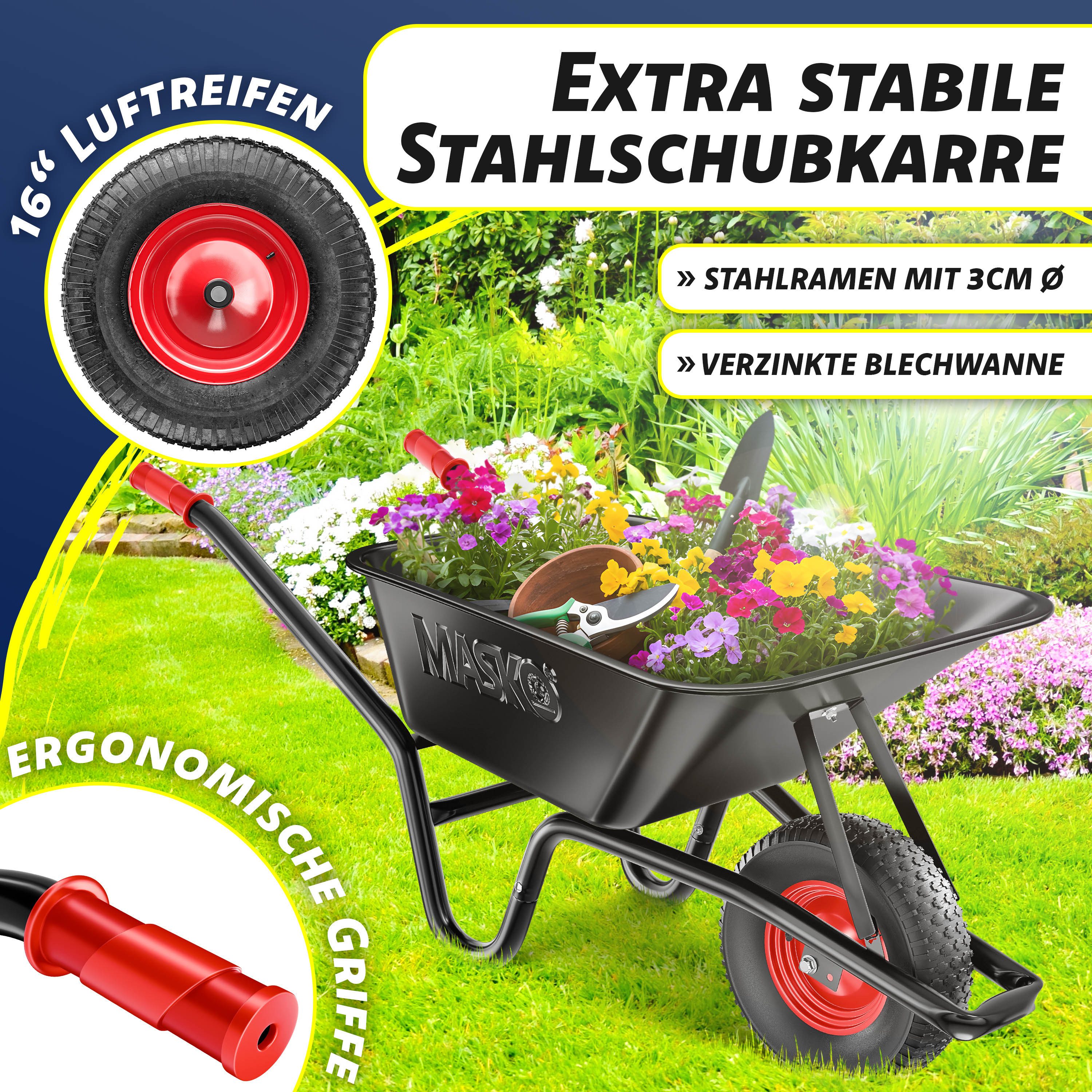 MASKO Schubkarre Bau- und Gartenschubkarre 100 Liter, mit Luftreifen und Stahlfelgen sowie einen Ersatzschlauch
