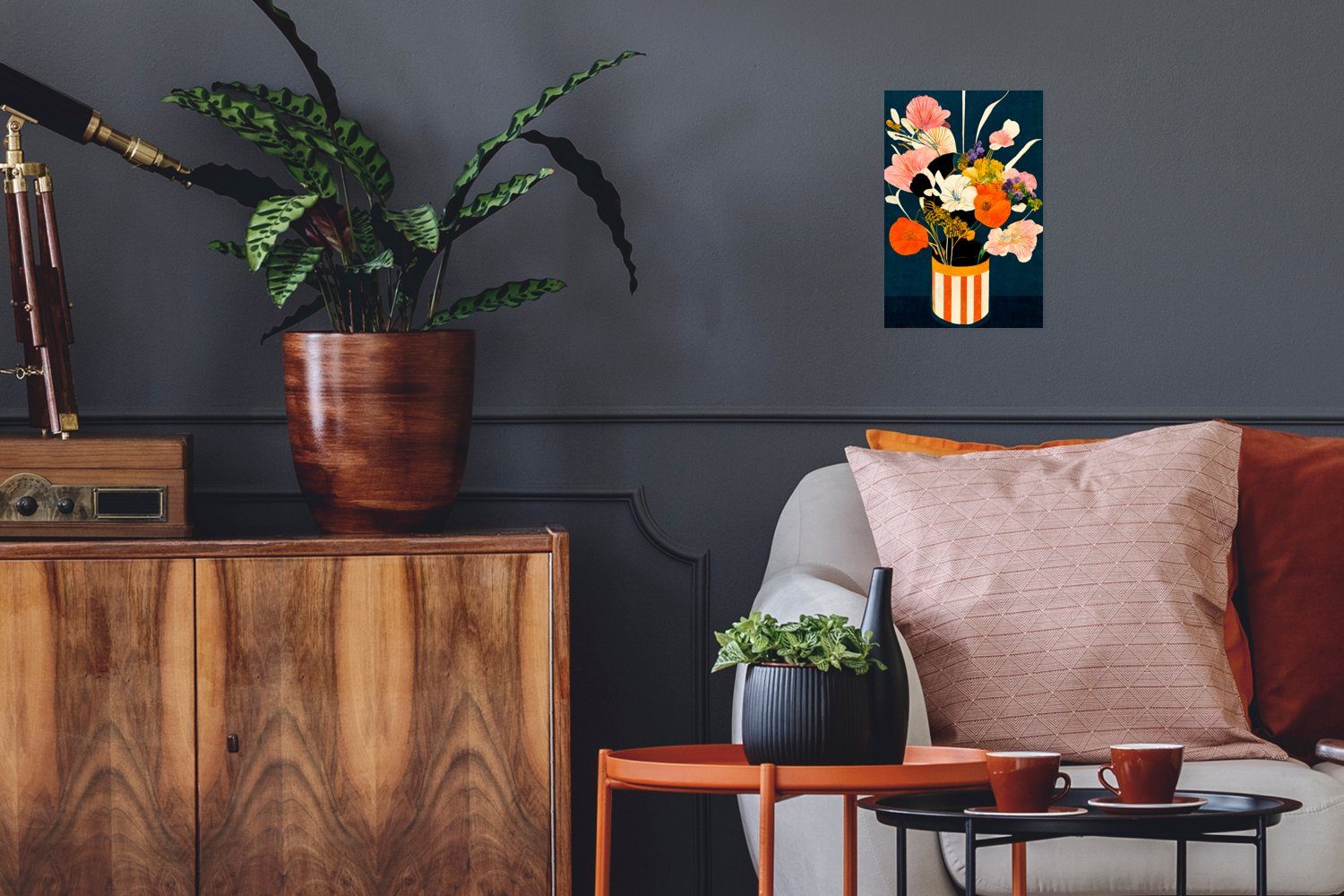 MuchoWow Poster Blumen - Vase - Malerei - Pflanzen, (1 St), Poster, Wandbild, Wandposter für Wohnzimmer, Ohne Rahmen