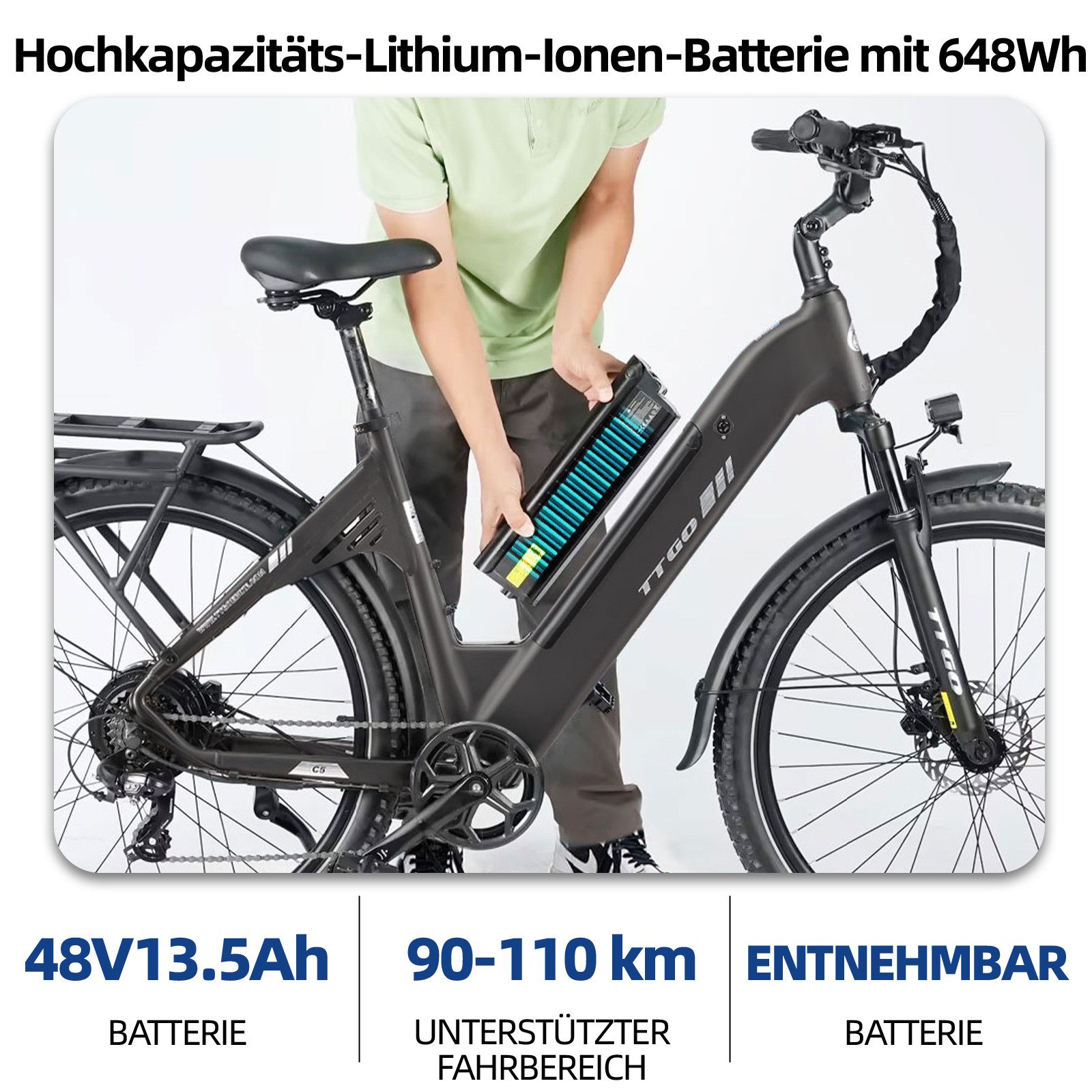 TTGO E-Bike Cityrad 28x2,4 Zoll, 110km, 70 Nm Hinterradmotor, C5, ZOOM Federsattelstütze, 7 Gang Shimano, Kettenschaltung, Heckmotor, 648 Wh, Tiefeinstieg, Pedelec, Elektrofahrrad, für Damen Herren, Hydr. Bremse