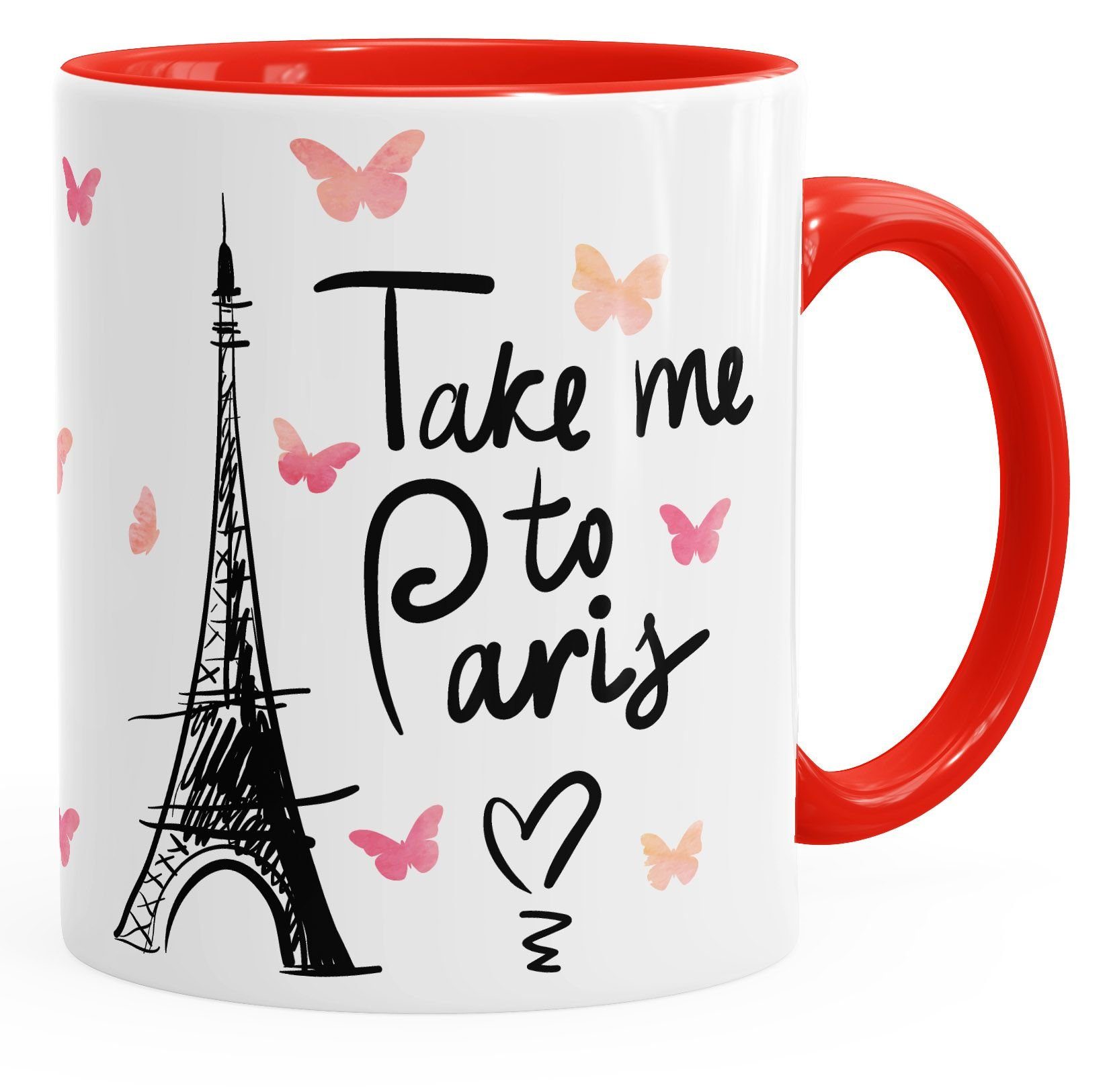 MoonWorks Tasse Kaffee-Tasse Take me to Paris Geschenk-Tasse für Frau Freundin Tasse mit Innenfarbe MoonWorks®, Keramik rot