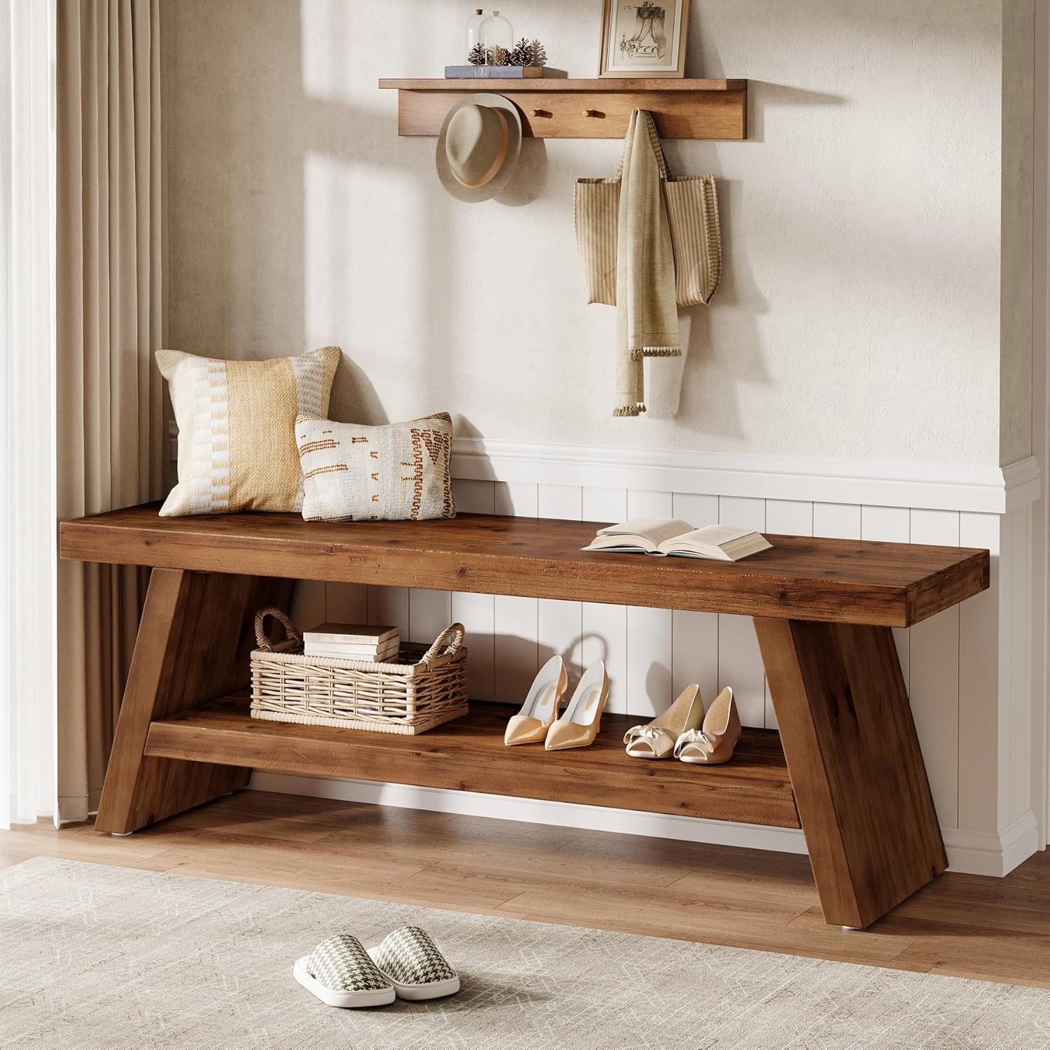 Tribesigns Bank 120 cm Eingangs‑ und Schuhbank Massivholz 2‑Ebenen Landhausstil Braun