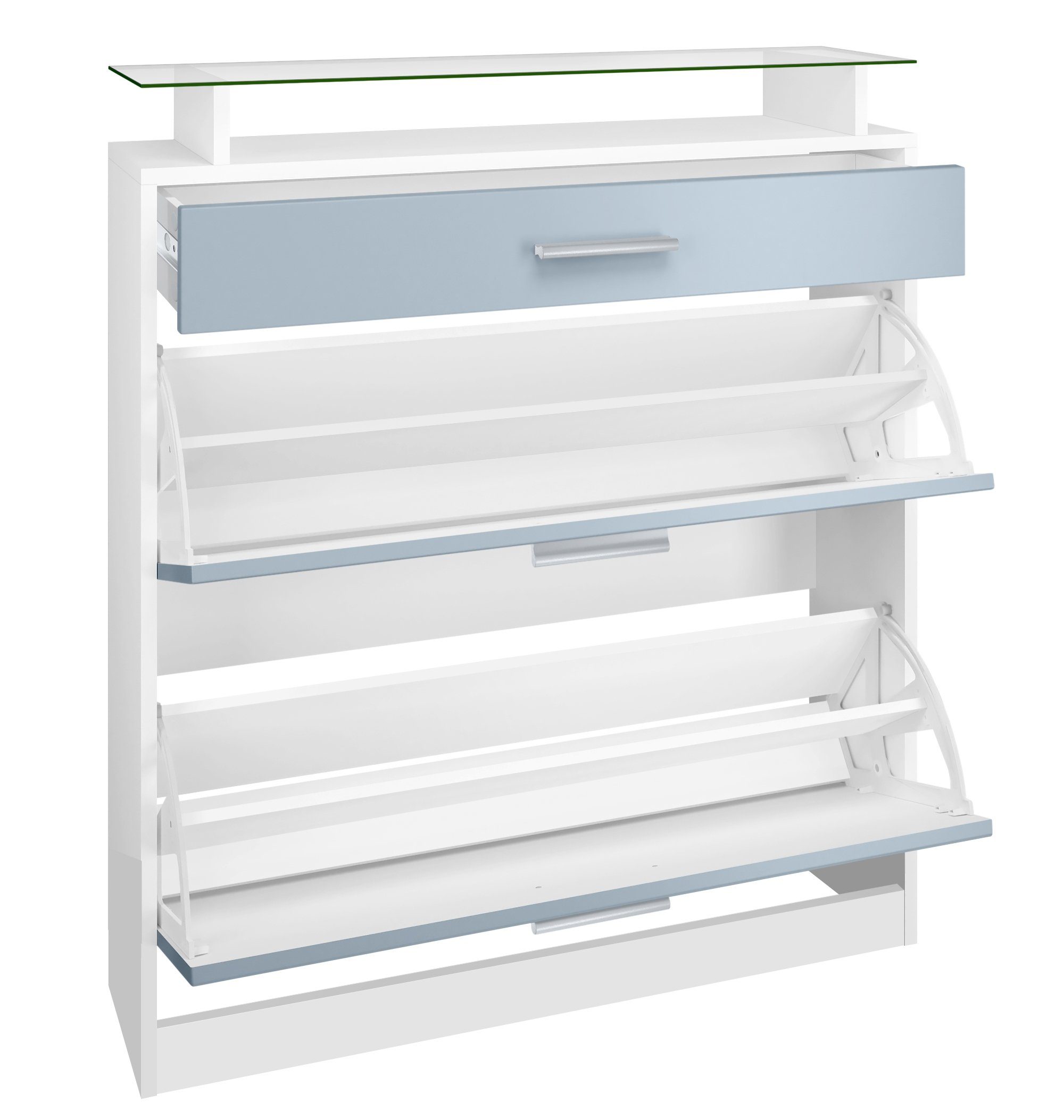 Vladon Schuhschrank Loret (hängender Schuhkipper für 16 Paar Schuhe, mit 2 Klappen und 1 Schublade und Glasablage) Weiß matt (89 x 104 x 23 cm)