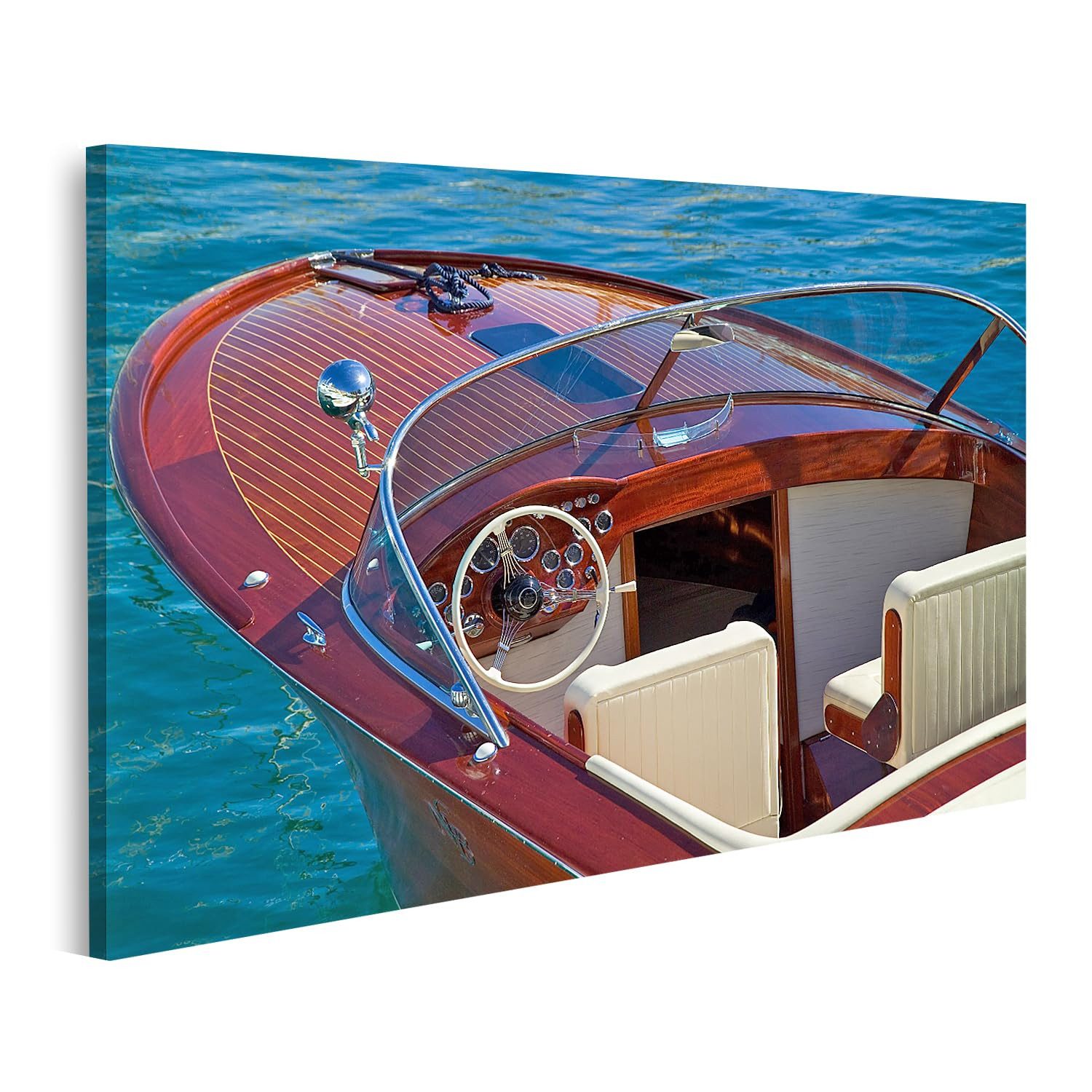 islandburner Leinwandbild Klassisches Holz Motorboot auf blauem Wasser