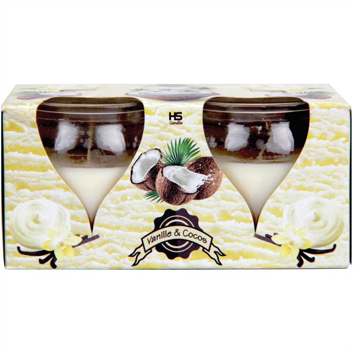 HS Candle Duftkerze im Glas Set (2-tlg), Vanille & Cocus, Duftnote cremig & exotisch, Ø6x6cm, 18h Brenndauer