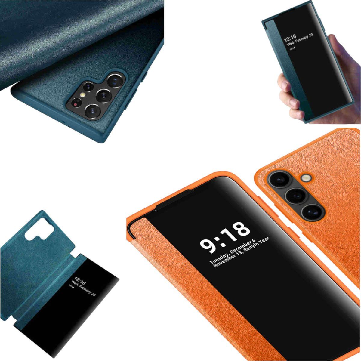 Handyhülle Für Samsung Galaxy S24 Plus View Spiegel Smart Cover Wake UP Orange