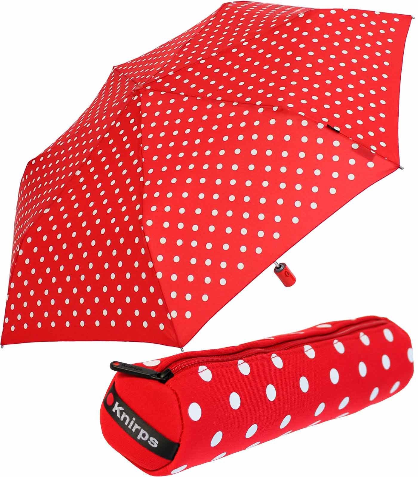 Knirps® Taschenregenschirm Slim Duomatic Neopren-Case - Polka Dots rot, mit praktischer Neopren-Tasche