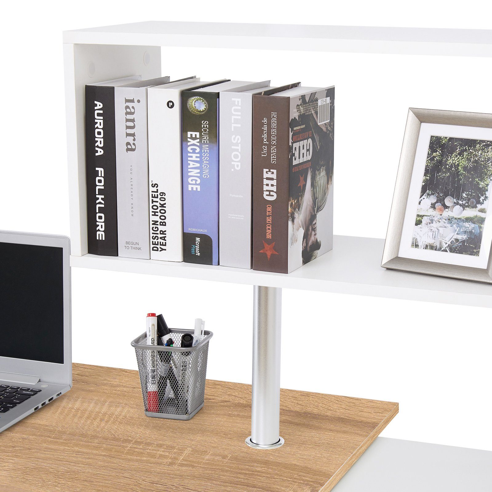 Mondeer Eckschreibtisch Schreibtisch, mit 360 Grad Drehbarem Bücherregal 157 x 45 x 130,5 cm – Bild 5 von 5