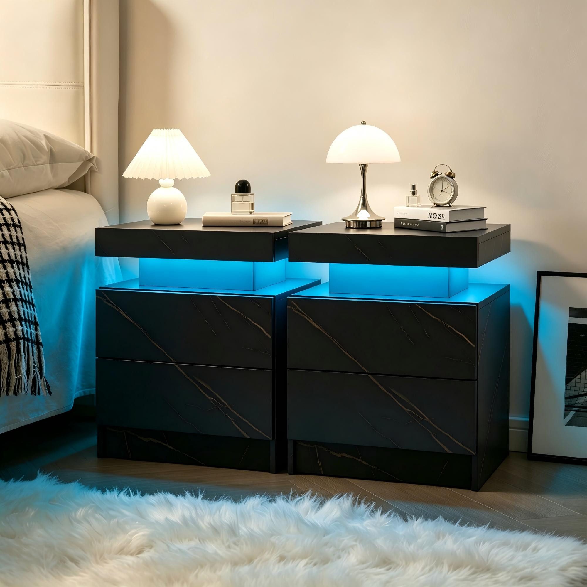 Fine Life Pro Nachttisch LED-Nachttische (2er-Set) – Moderner Beistellschrank mit Beleuchtung