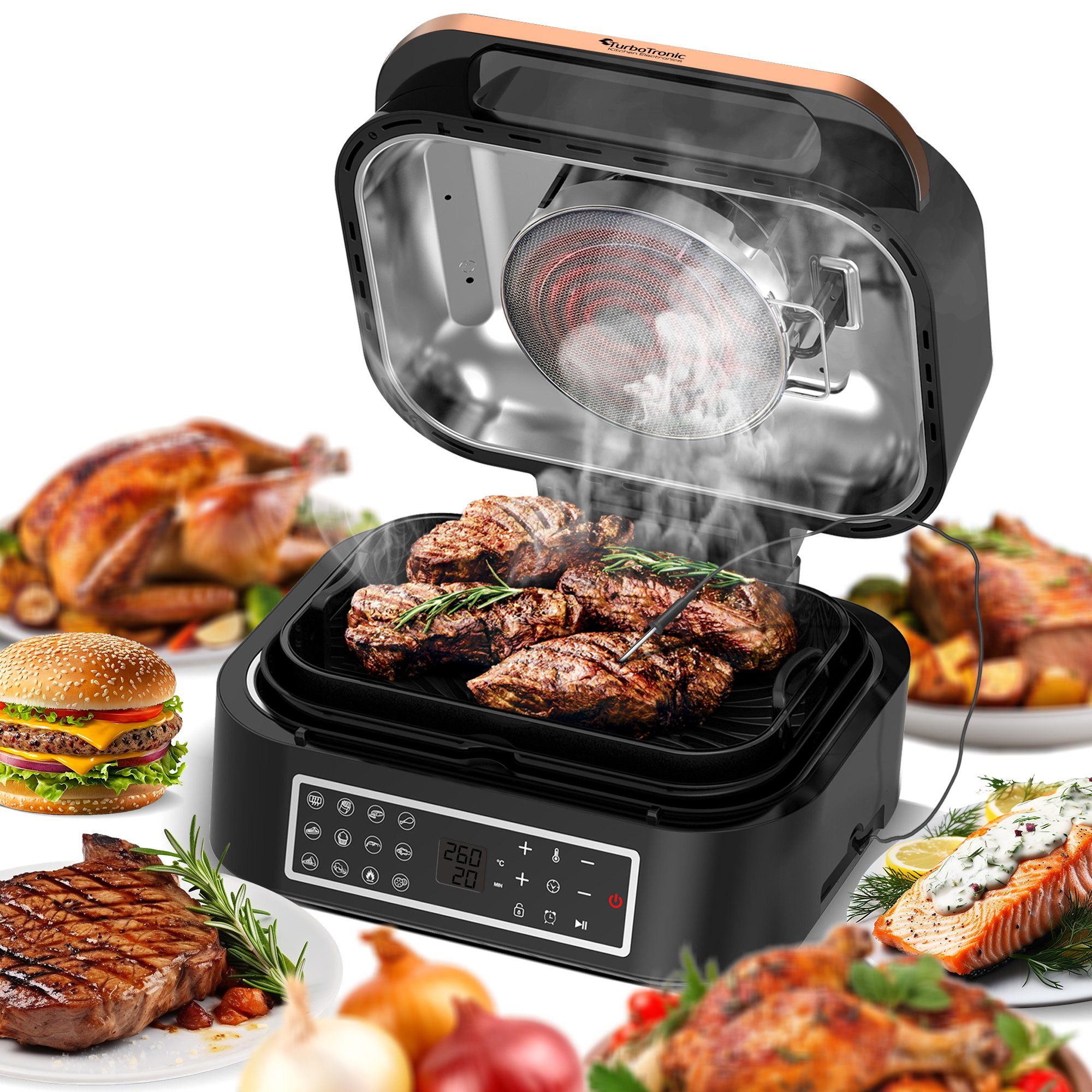 TurboTronic by Z-Line Heißluftfritteuse bis 260°C Food Grill mit digitalem Temperaturfühler 6,5 L Volumen, 1800 W, Tischgrill mit Crisper Plate Steakgrill schwarz/kupfer