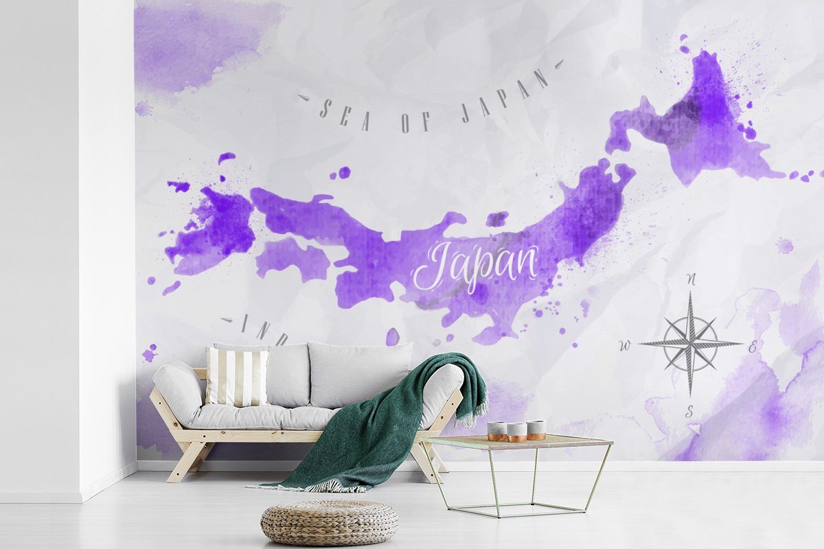 Vinyl Tapete Wallpaper bedruckt, Schlafzimmer, für Japan Violett, Weltkarten Fototapete Matt, Wohnzimmer, (6 MuchoWow - St), Kinderzimmer, -