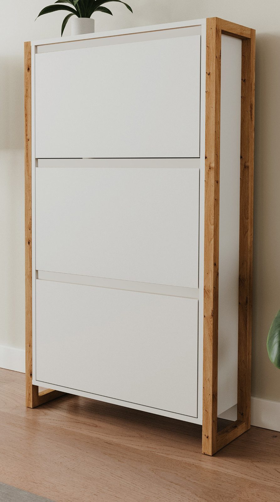 Furn.Design Schuhschrank Malta (Schuhkipper in Weiß mit Eiche Artisan, 70 x 125 cm) mit 3 Kippern, bis zu 36 Schuhe