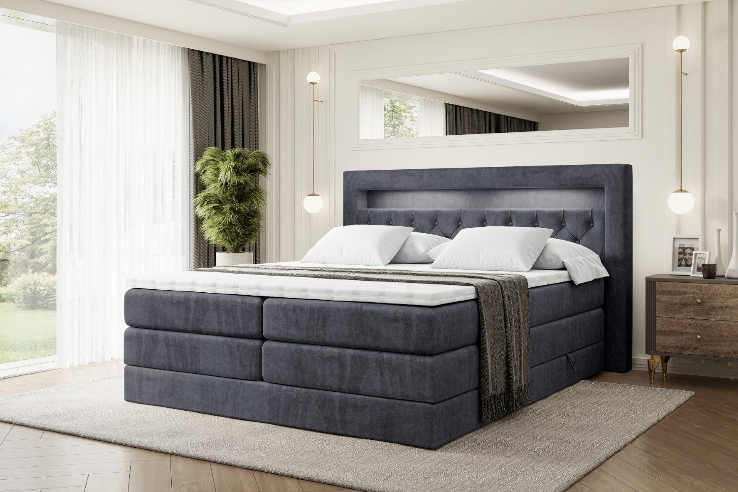 ALTDECOR Boxspringbett NOEL GOLD KING (mit Matratze und Lattenrost Topper Polsterbett mit Bettkasten Boxbett), H4 Multipocket, H3 Bonellfederung, Doppelbett Springboxbett