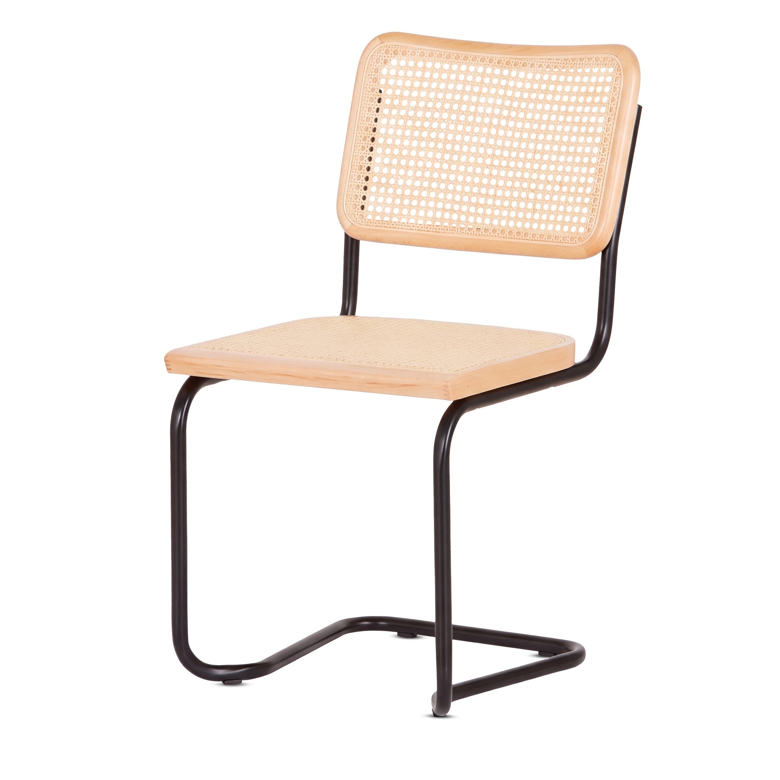 KHG Freischwinger Esszimmerstuhl Metallgestell Schwarz, Rattaneflecht, Made in Italy, Wiener Geflecht, Buche Massivholz