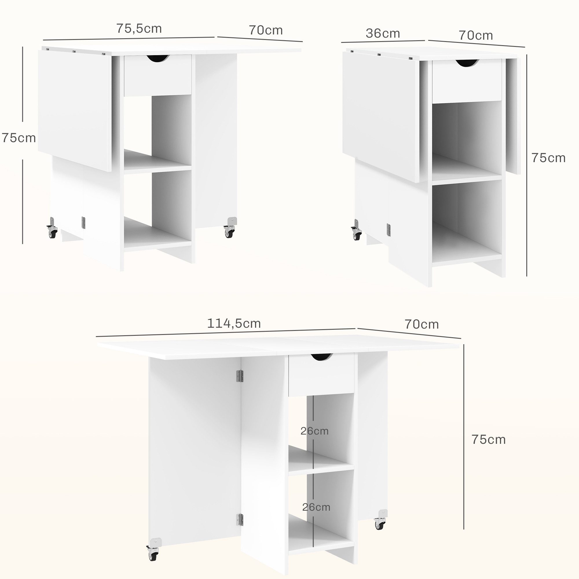 HOMCOM Klapptisch Küchentisch mit Schublade und 2 Ablagen, Moderner Esszimmertisch (Set, 1-St., Klappbarer Esstisch), für Kleine Räume, Esszimmer 114,5 x 70 x 75 cm, Weiß