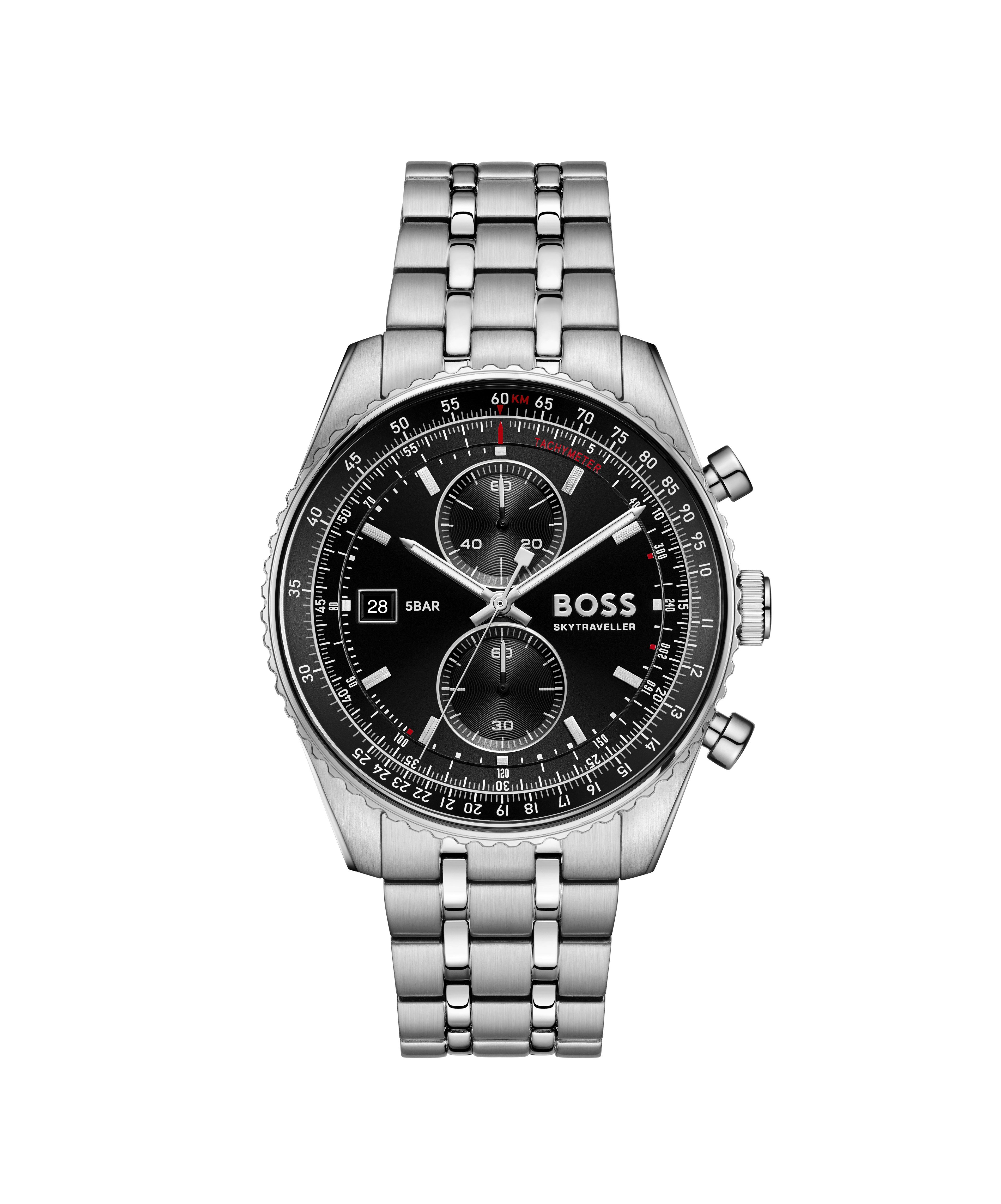 BOSS Chronograph SKYTRAVELLER 1514349, Quarzuhr, Armbanduhr, Herrenuhr, Edelstahlarmband, analog, Tag