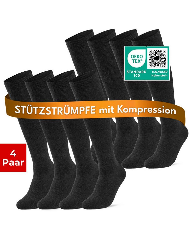 sockenkauf24 Stützkniestrümpfe Kompressionsstrümpfe Reisestrümpfe Stützstrümpfe mit Kompression (Schwarz, 4-Paar, 39-42) aus Baumwolle für Damen & Herren mit Komfortbund