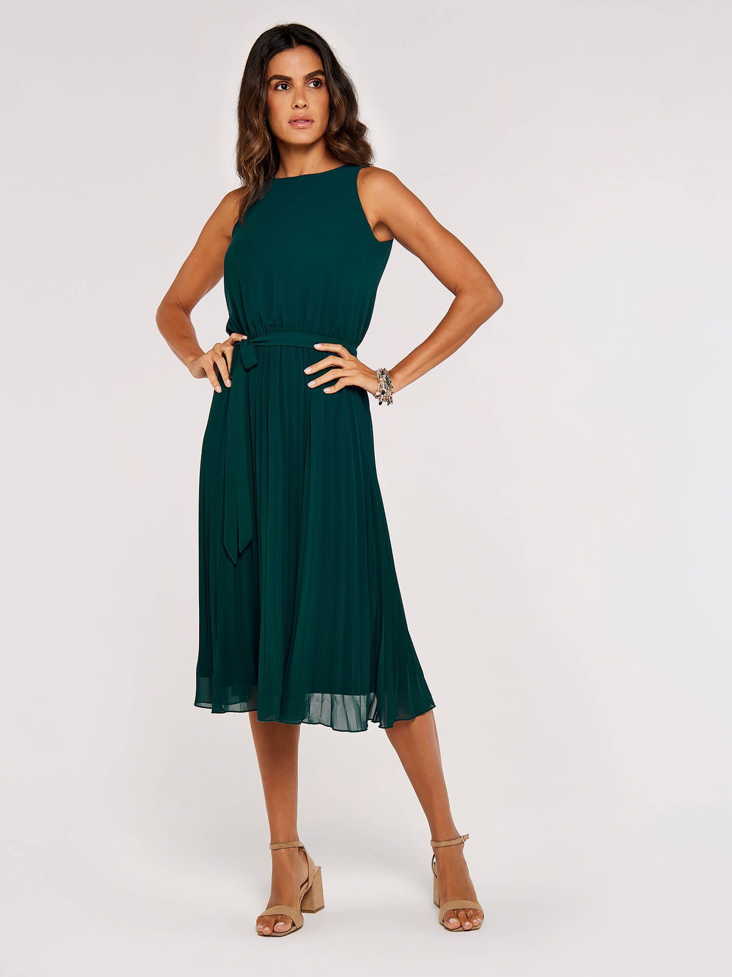 Apricot Midikleid Plissee Kleid (Stoffgürtel) mit Bindeband