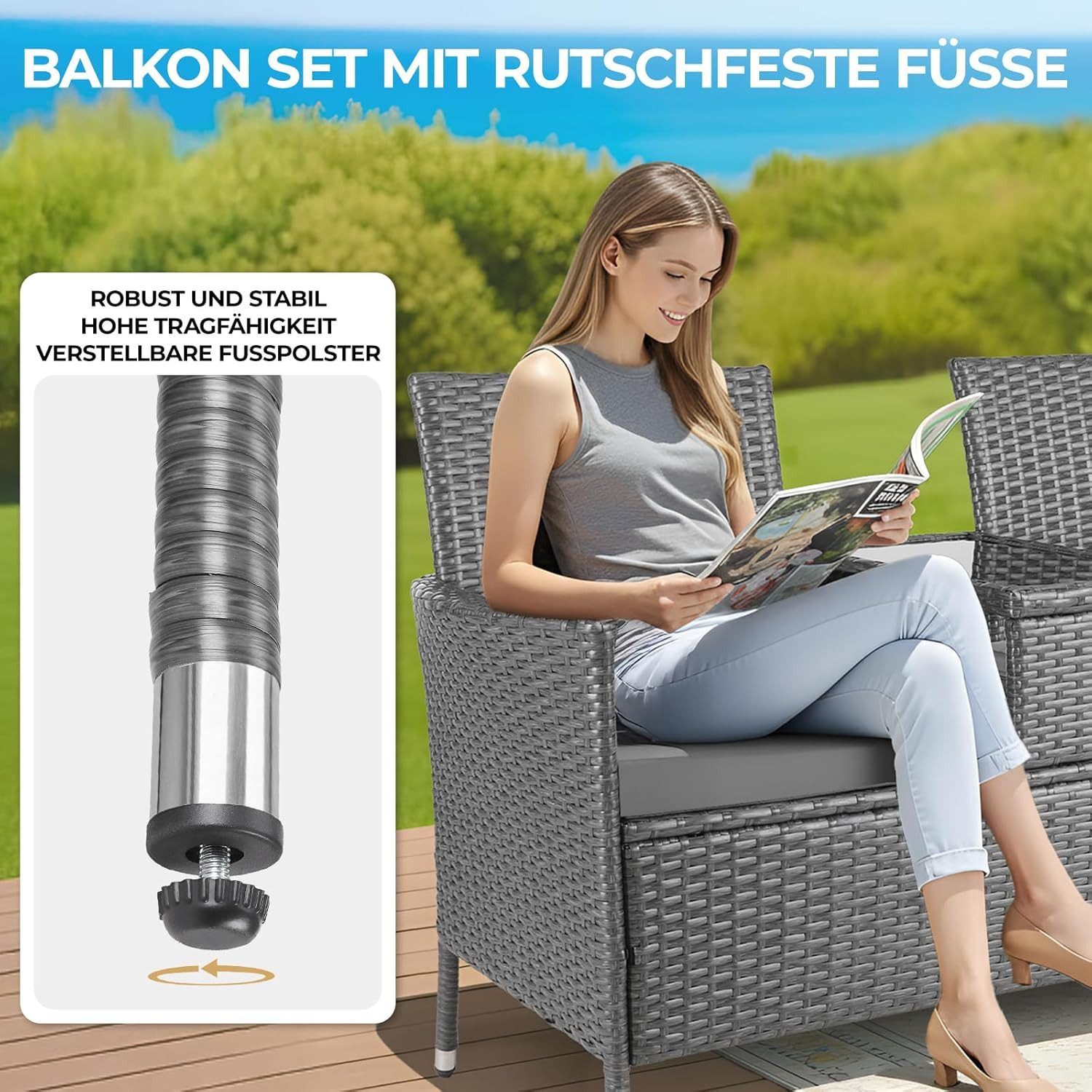 TLGREEN Balkonset Polyrattan Gartenbank 2er Set, (Wetterfest UV-beständig Rattan Sofa Outdoor, mit Tisch & Weichen Sitzkissen), Balkonmöbel für Kleinen Balkon/Terrasse/Garten